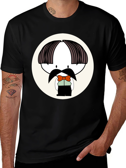 Cartoon Moustache Character Black T-Shirt