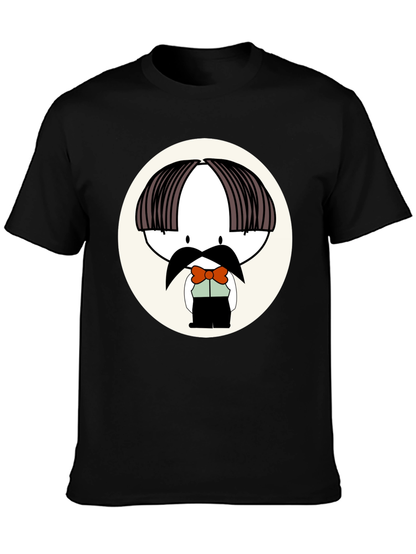 Cartoon Moustache Character Black T-Shirt