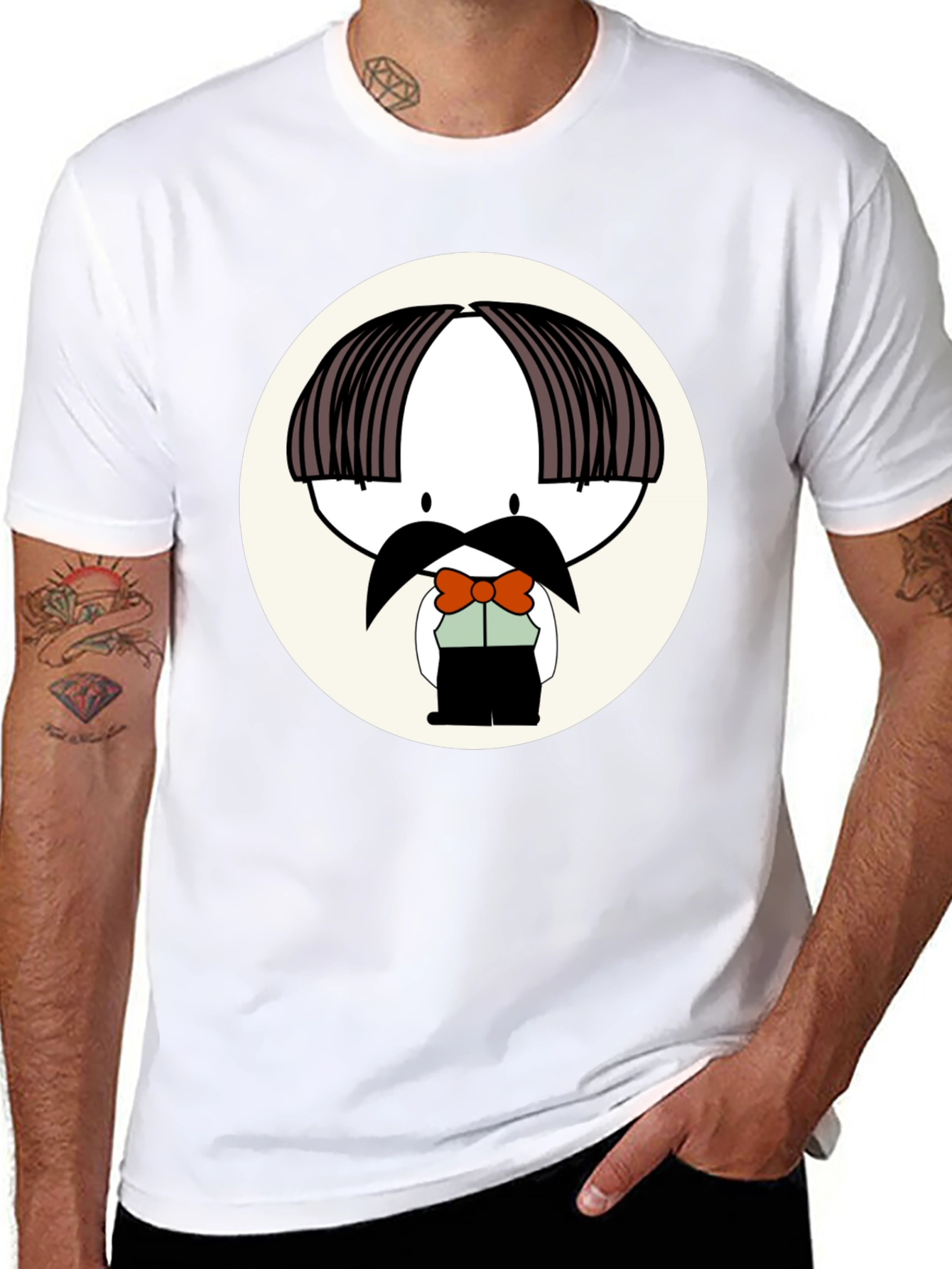 Cartoon Moustache Character Black T-Shirt