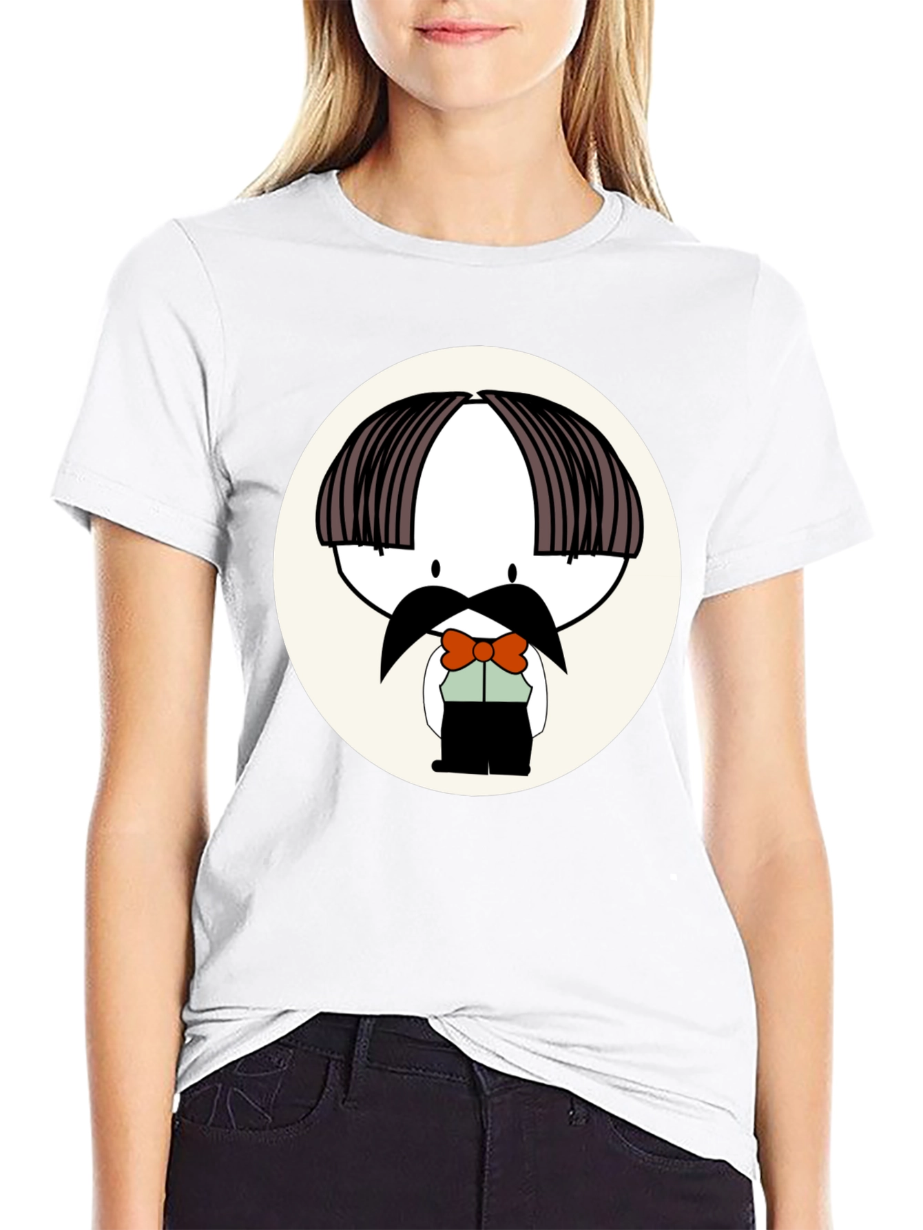Cartoon Moustache Character Black T-Shirt