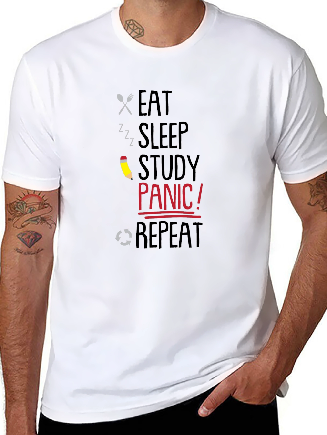 Eat Sleep Study Panic Repeat Graphic T-Shirt
