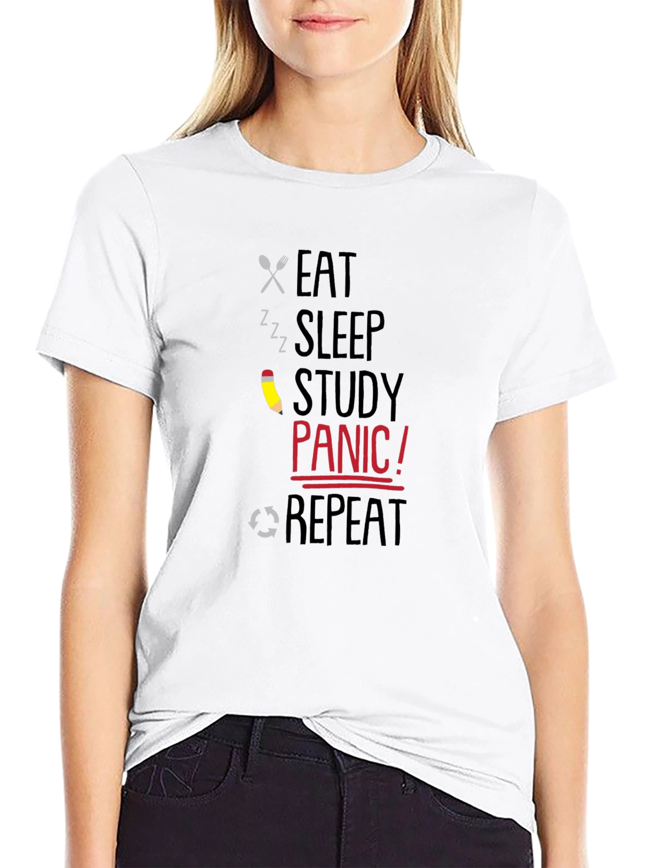 Eat Sleep Study Panic Repeat Graphic T-Shirt