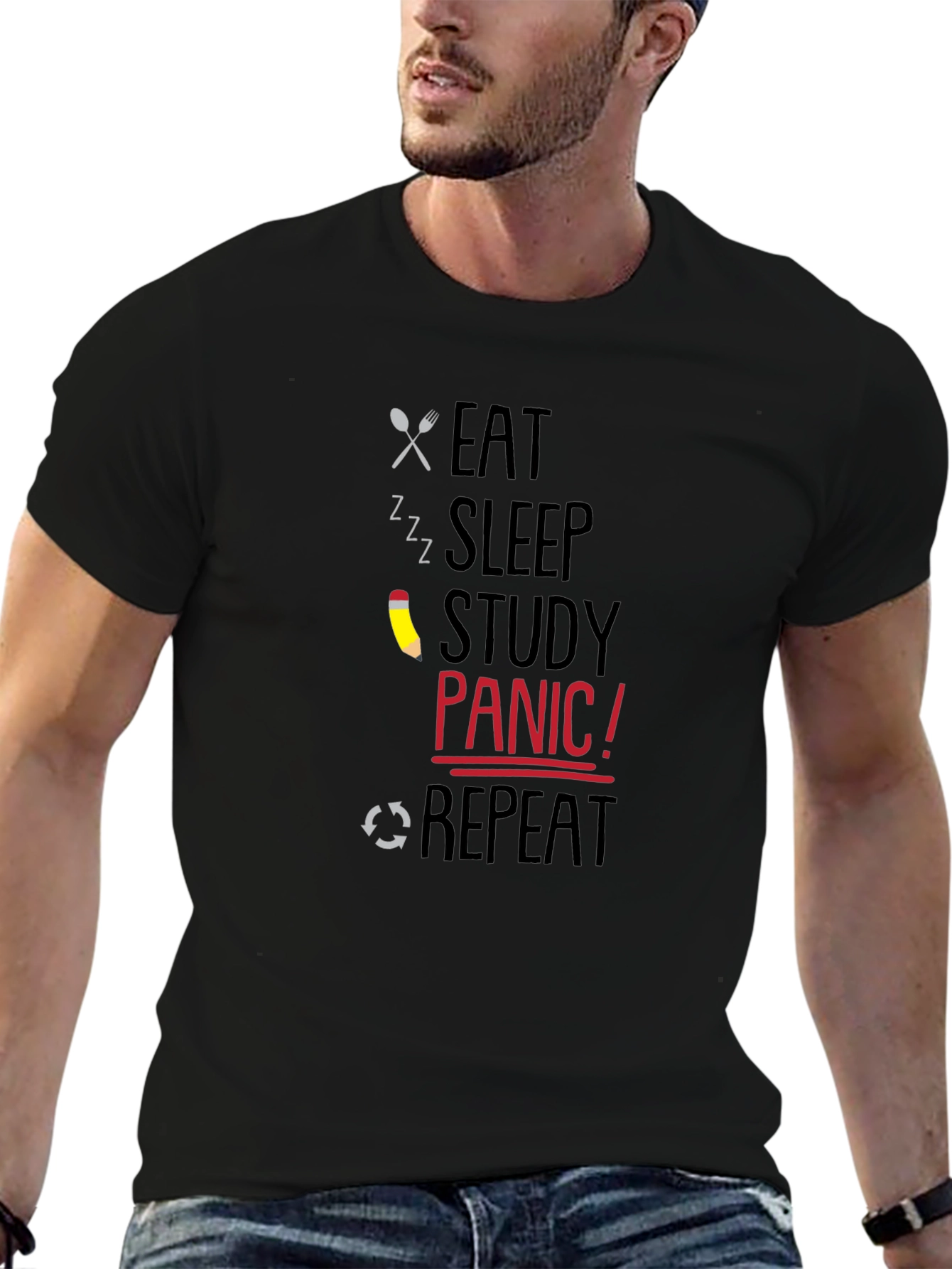 Eat Sleep Study Panic Repeat Graphic T-Shirt