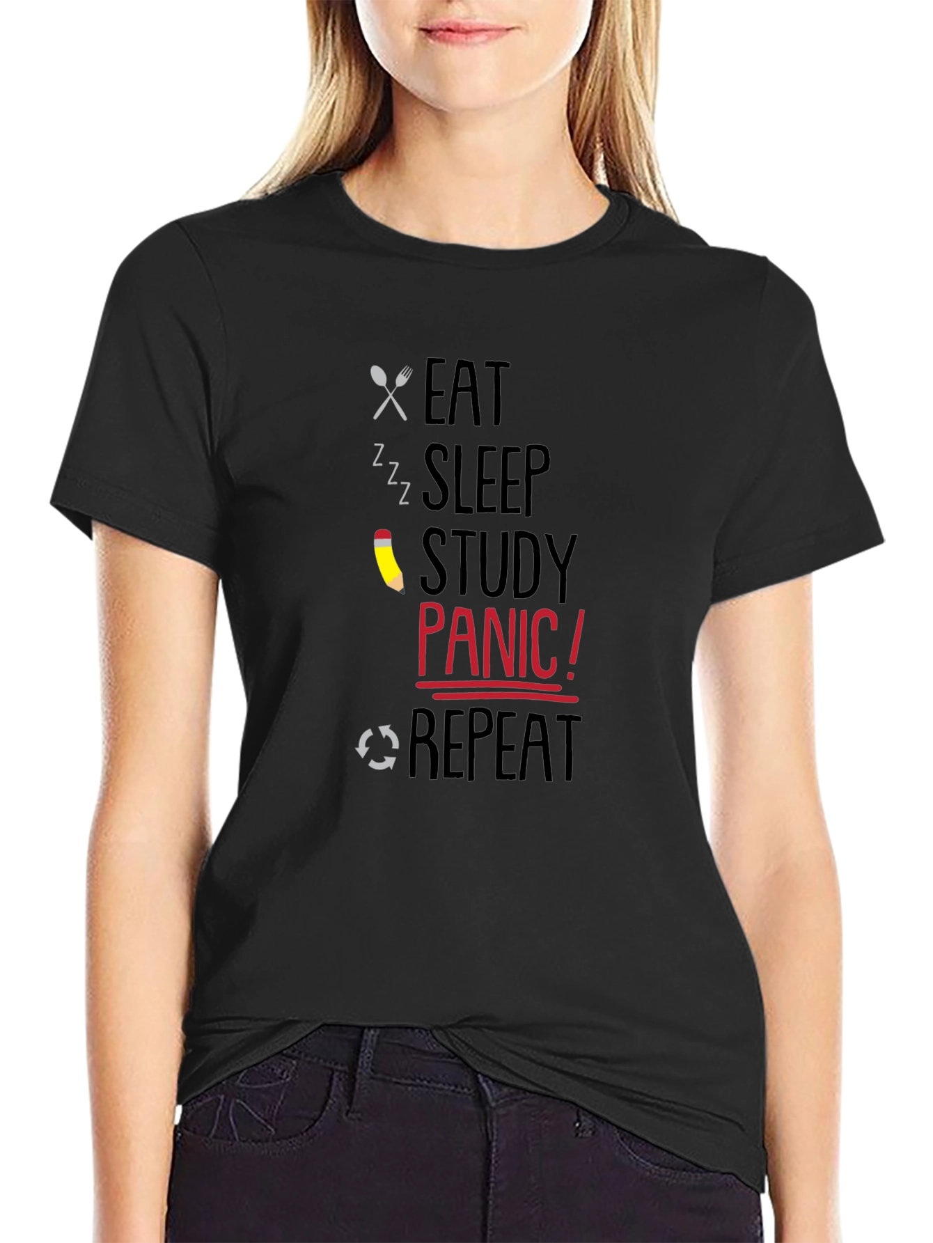 Eat Sleep Study Panic Repeat Graphic T-Shirt