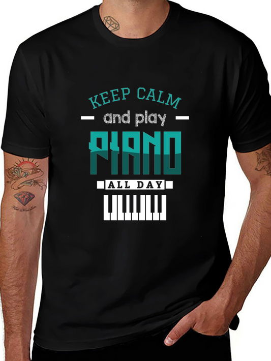 Keep Calm and Play Piano Graphic Tee - Black Cotton