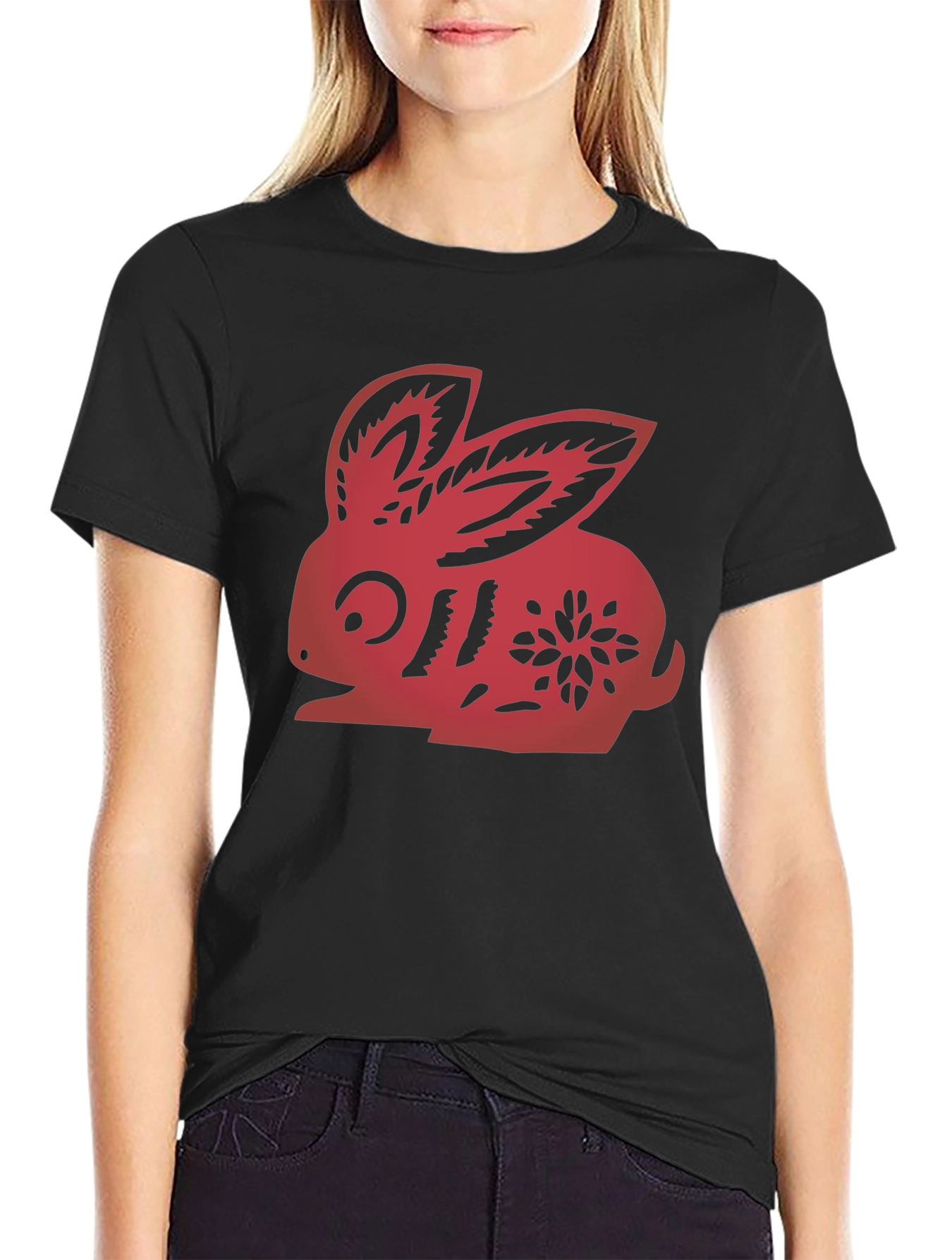 Red Rabbit Graphic Black T-Shirt