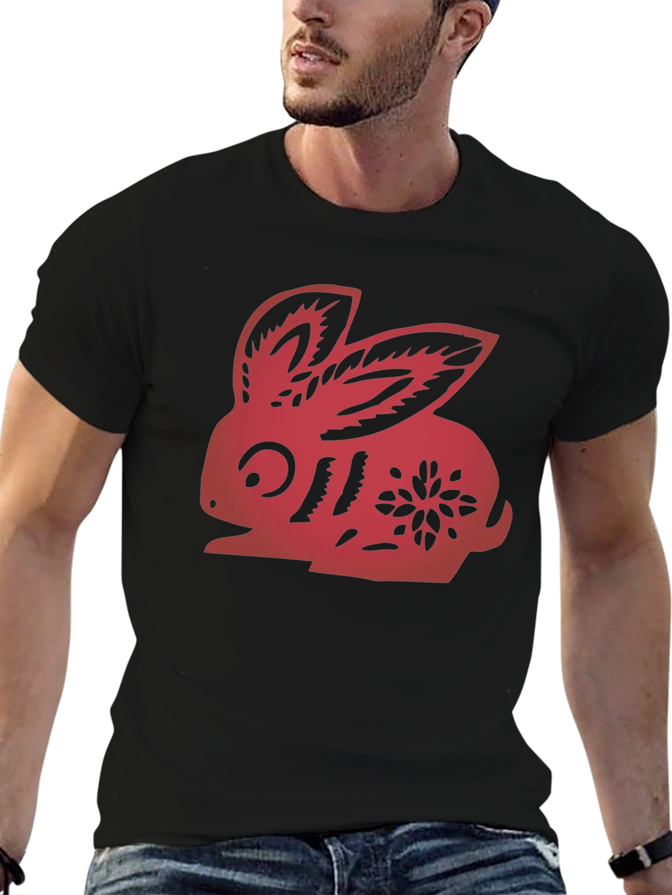 Red Rabbit Graphic Black T-Shirt