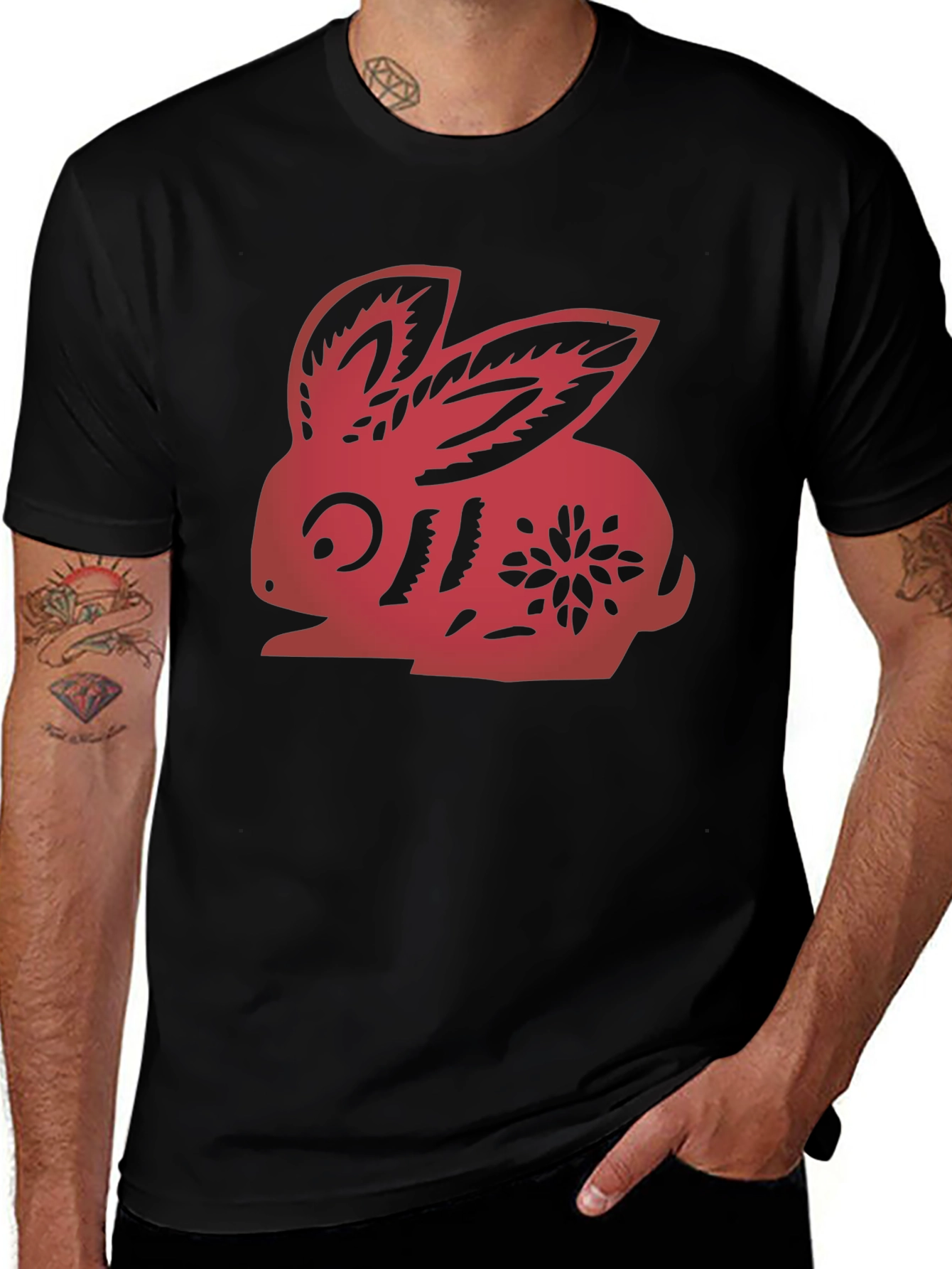 Red Rabbit Graphic Black T-Shirt