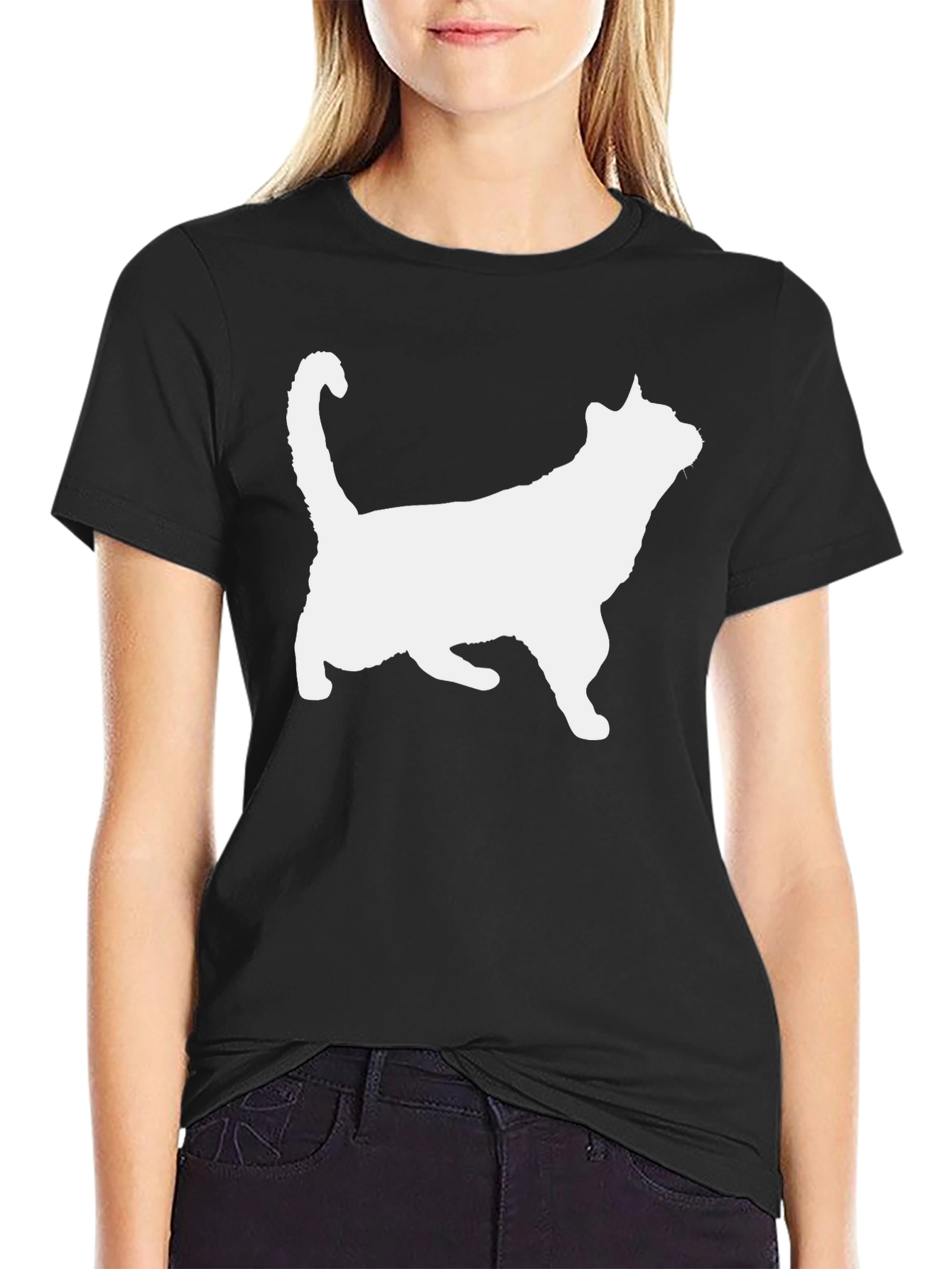 Cat Silhouette Graphic Tee - Black