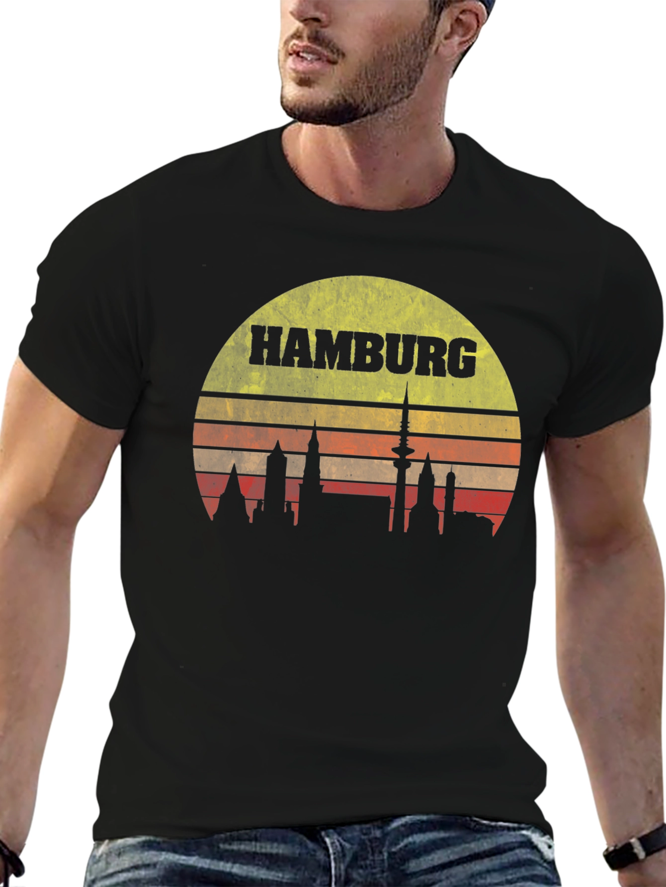 Hamburg Skyline T-Shirt - Retro Sunset Design