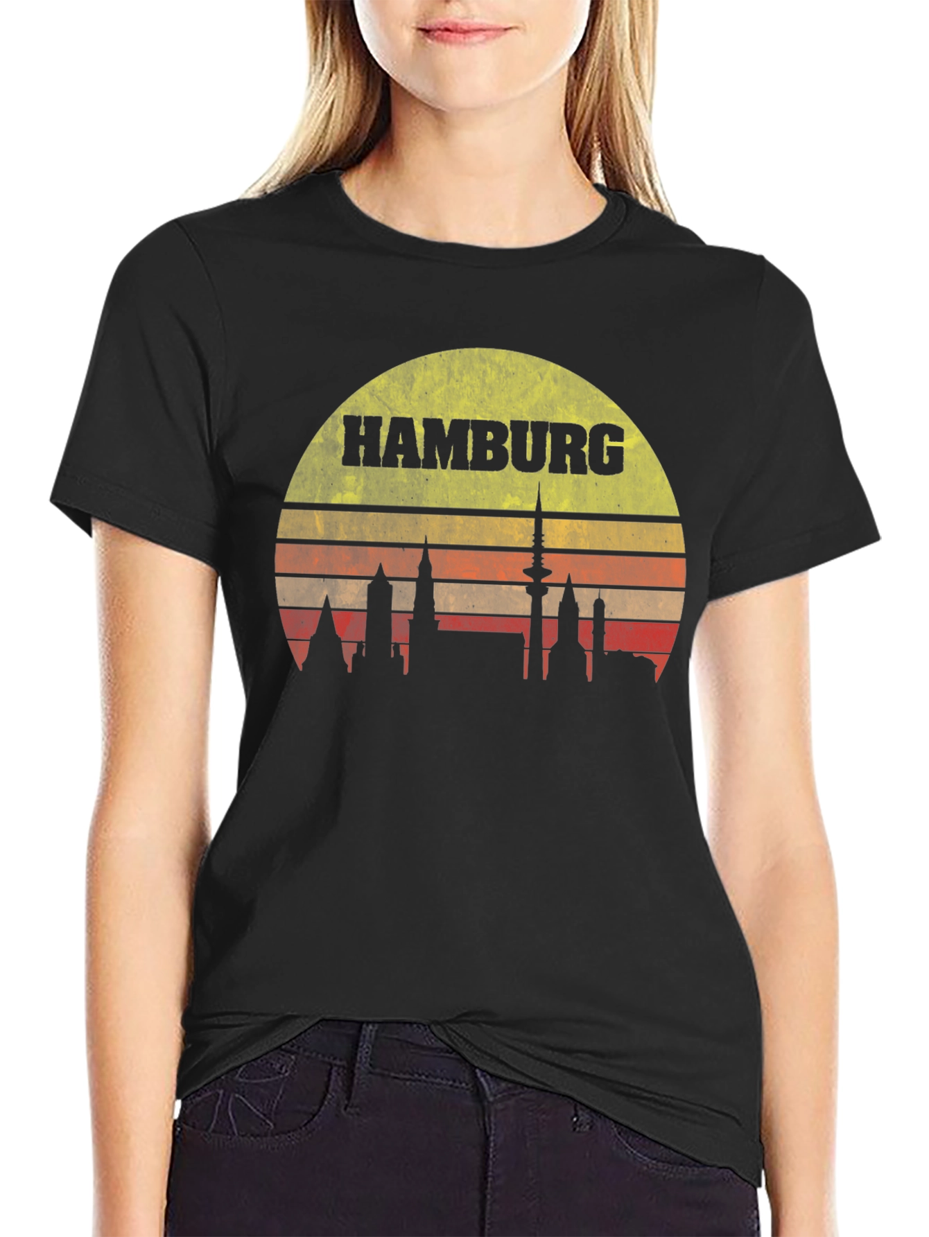Hamburg Skyline T-Shirt - Retro Sunset Design