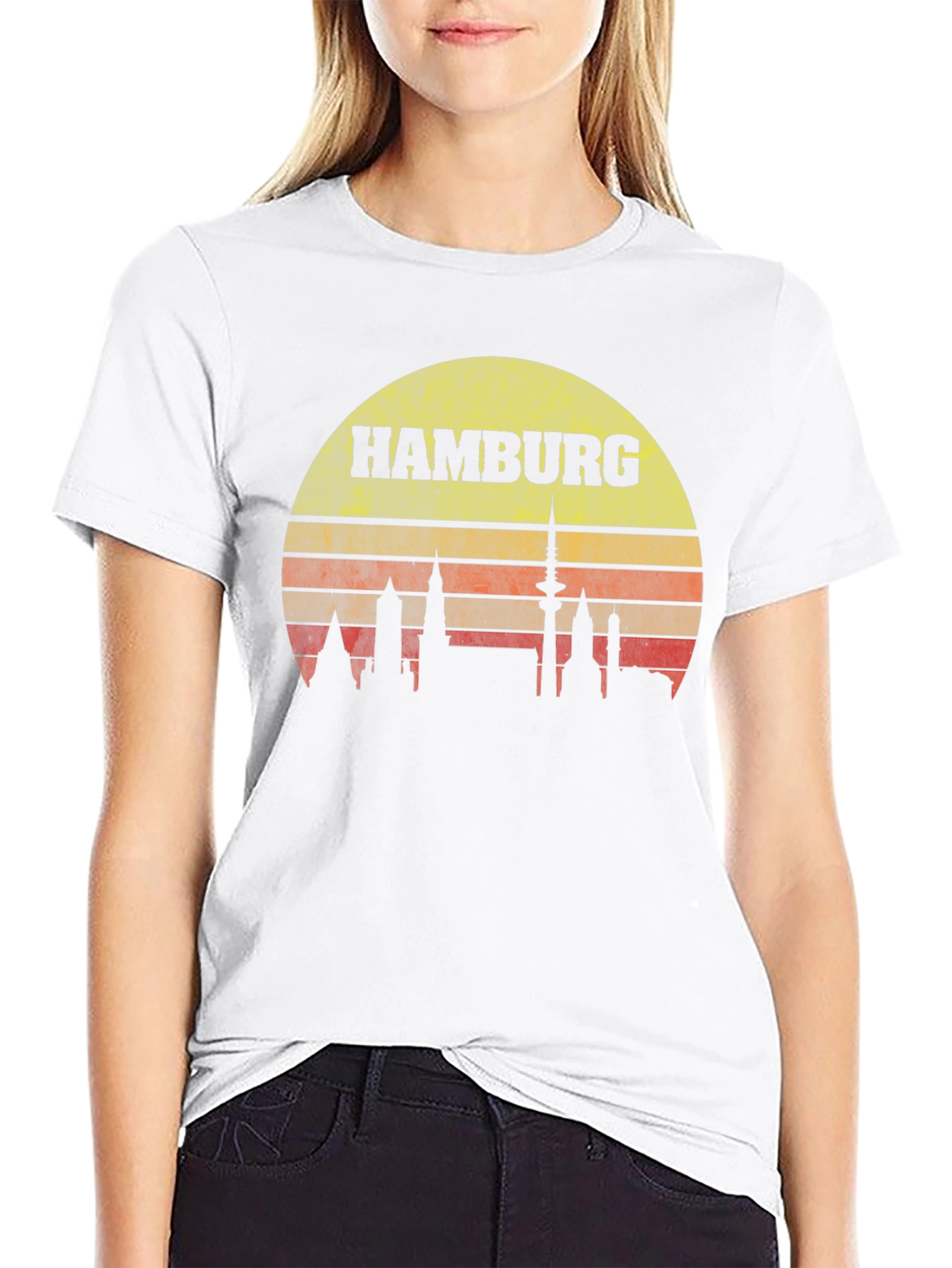 Hamburg Skyline T-Shirt - Retro Sunset Design