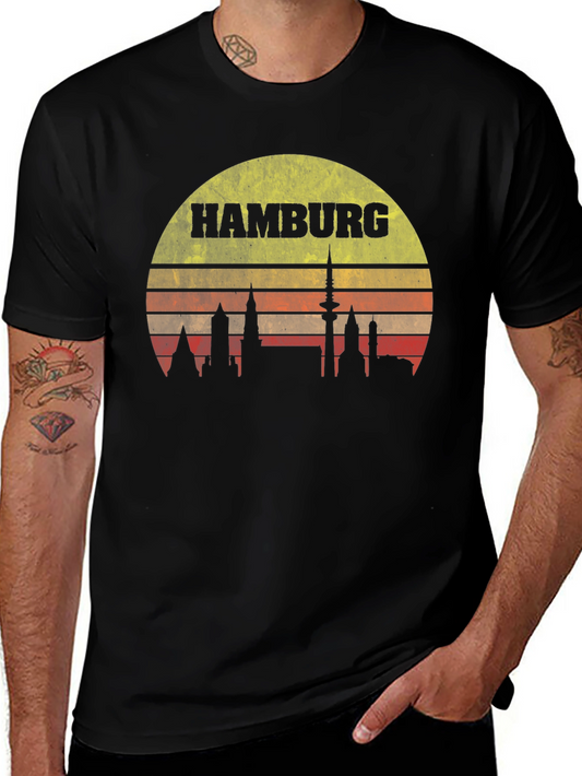 Hamburg Skyline T-Shirt - Retro Sunset Design