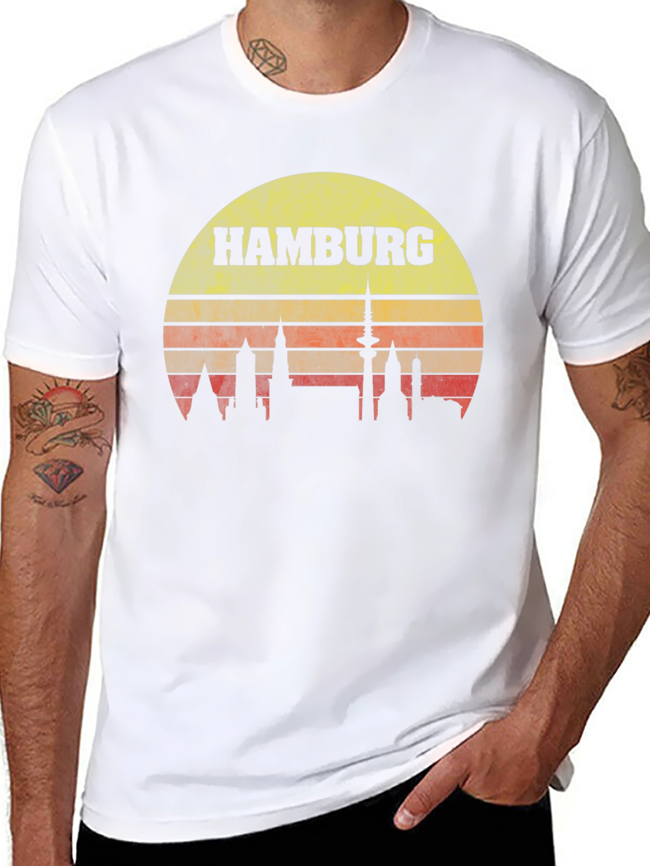 Hamburg Skyline T-Shirt - Retro Sunset Design
