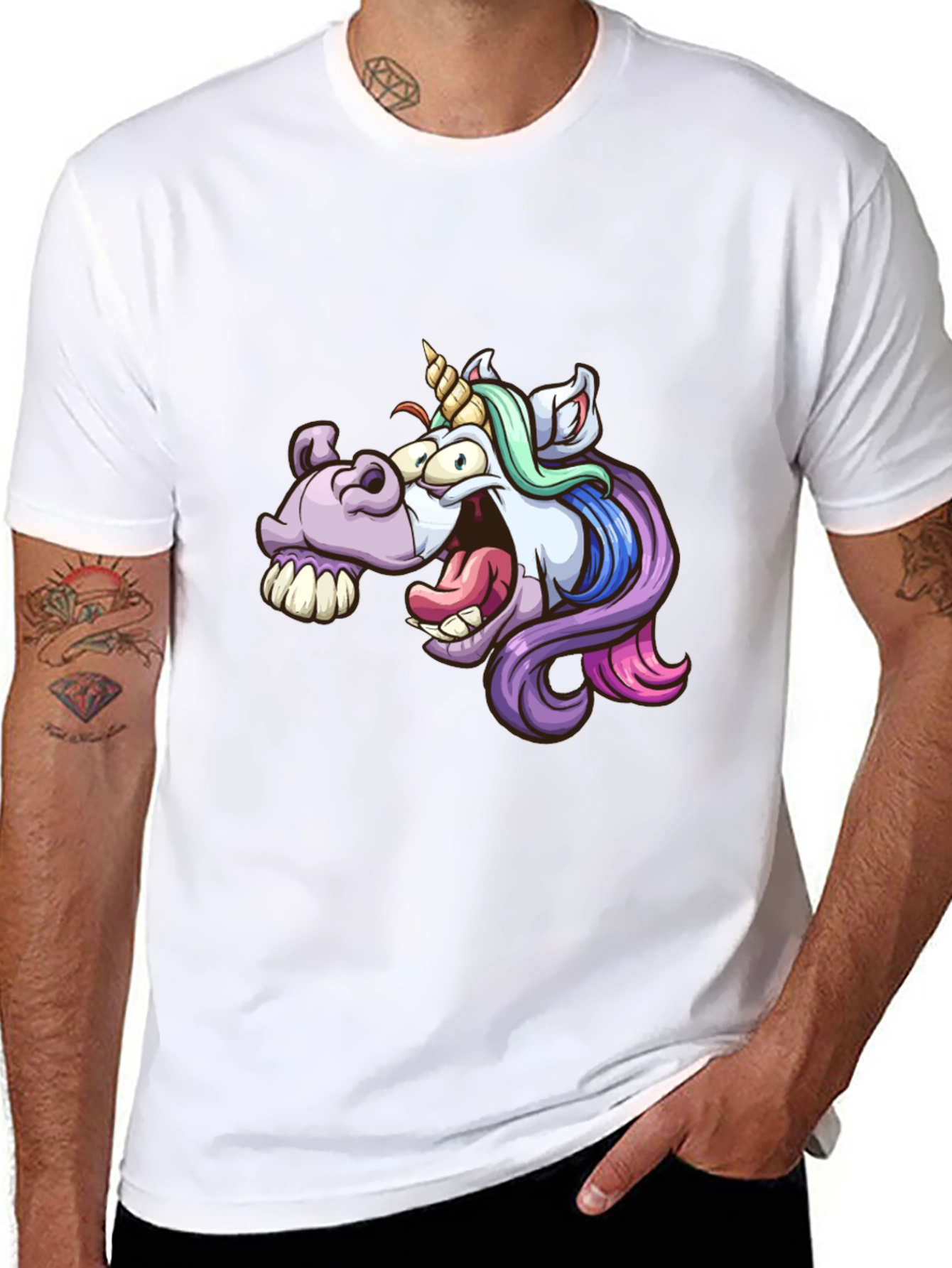 Cartoon Unicorn Graphic Tee - Black