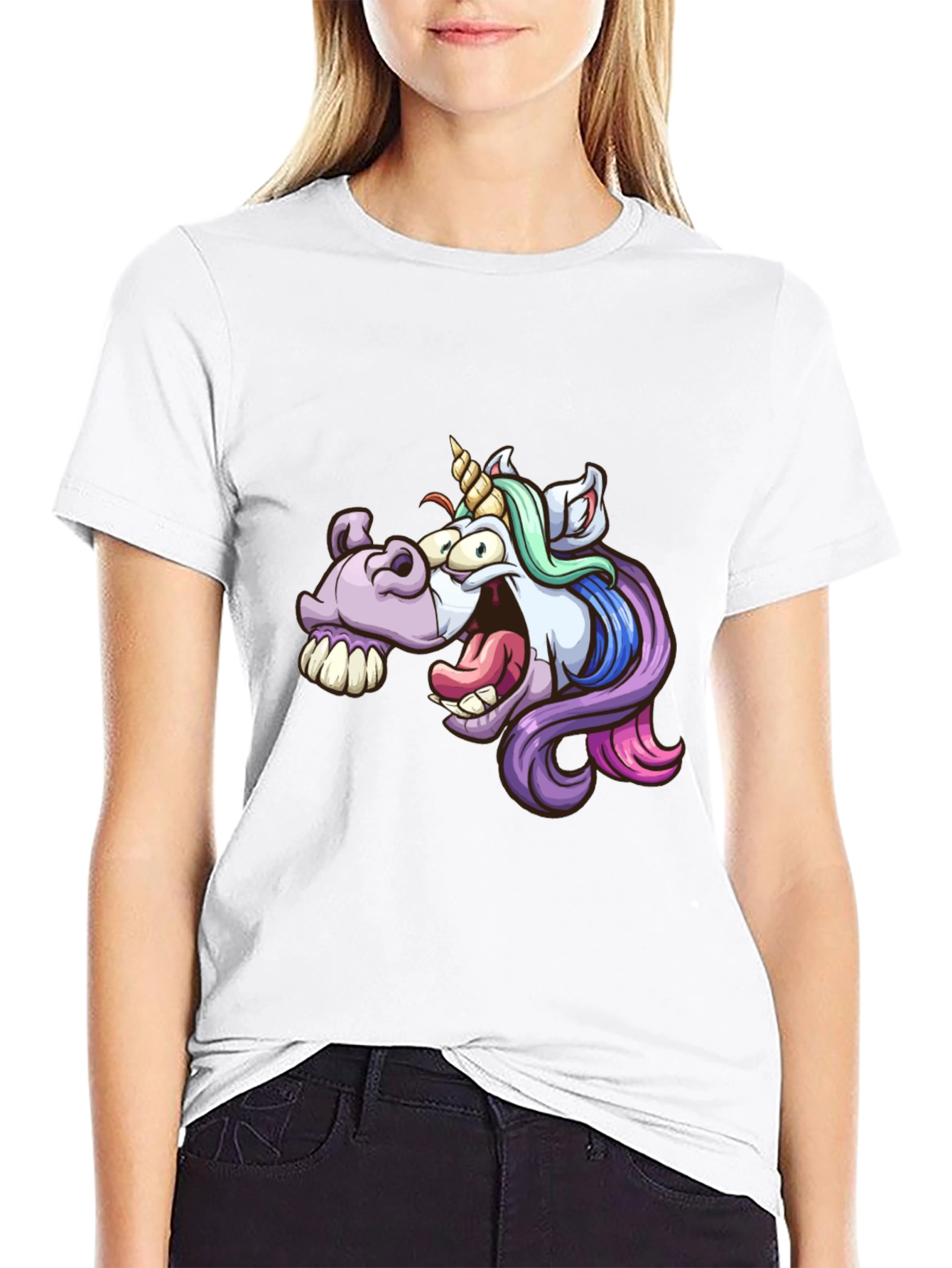 Cartoon Unicorn Graphic Tee - Black