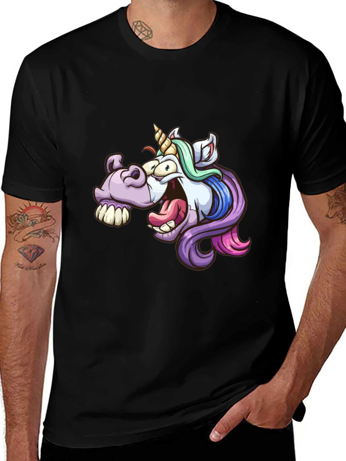 Cartoon Unicorn Graphic Tee - Black