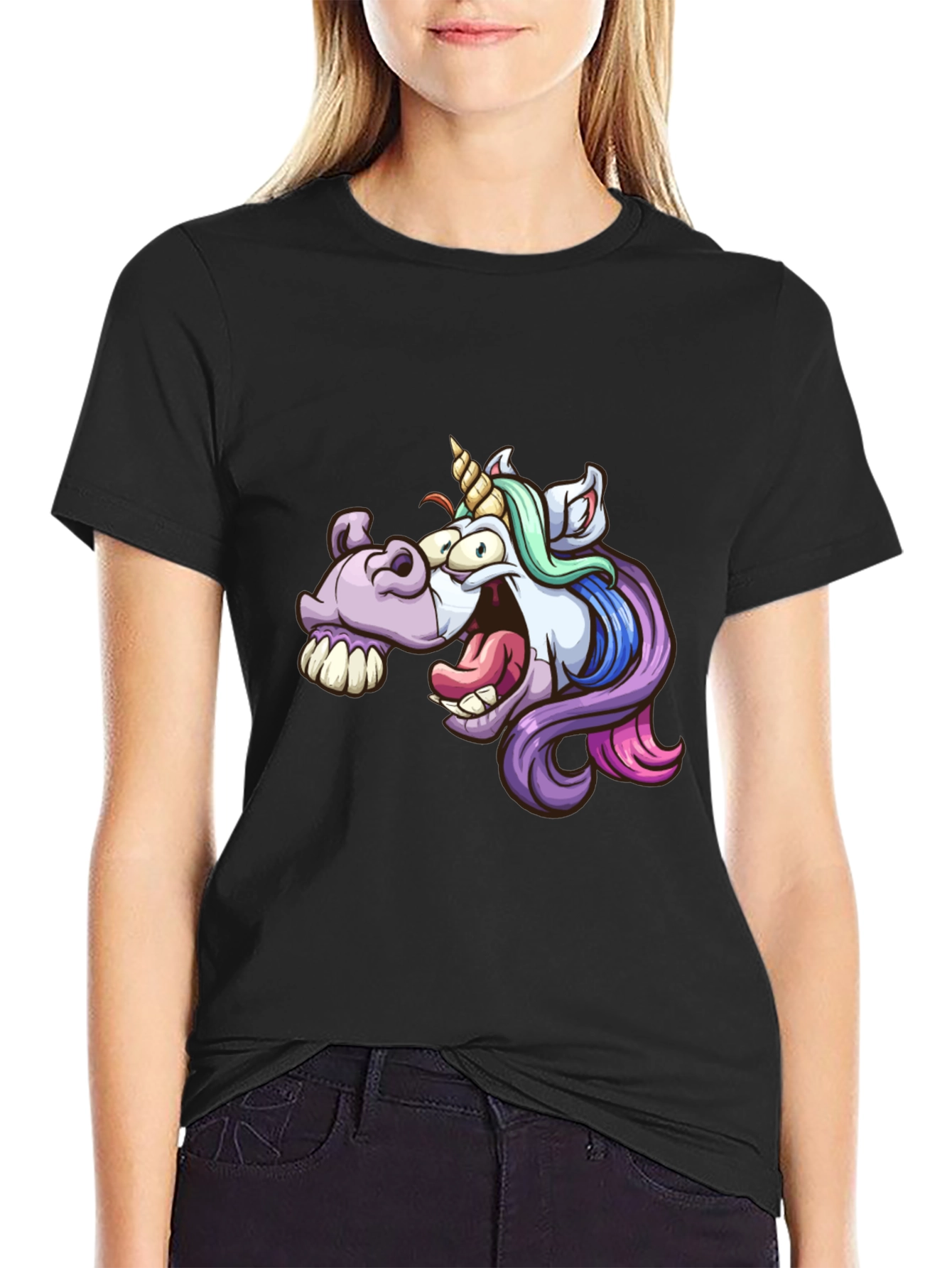 Cartoon Unicorn Graphic Tee - Black