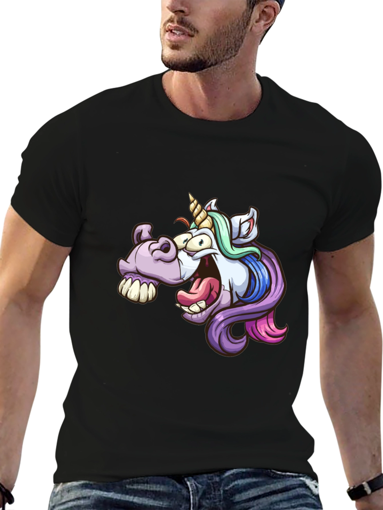 Cartoon Unicorn Graphic Tee - Black