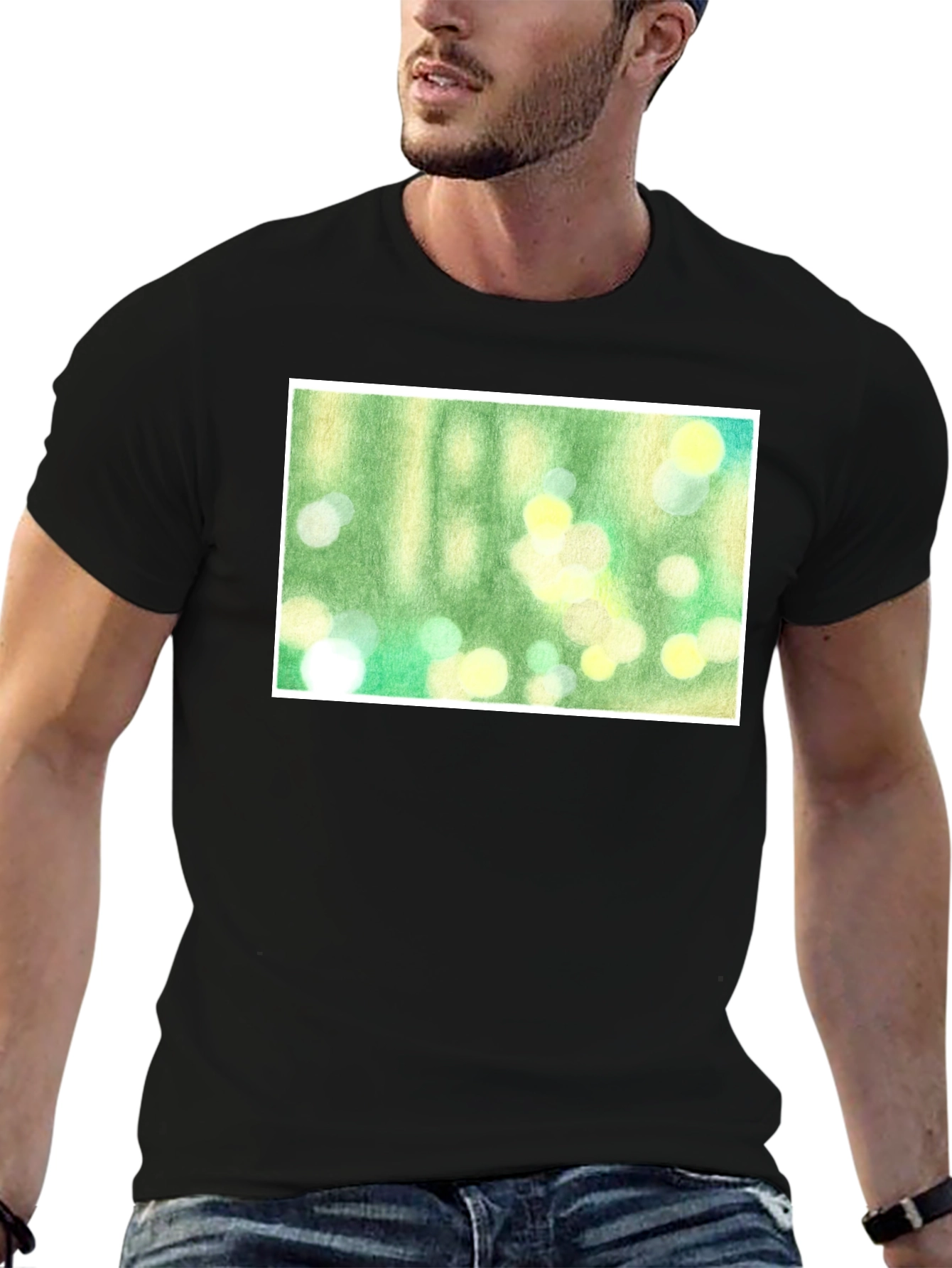 Green Bokeh Art Black T-Shirt