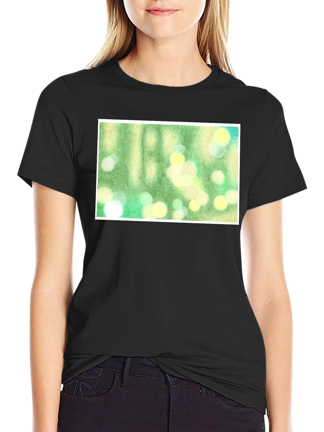 Green Bokeh Art Black T-Shirt
