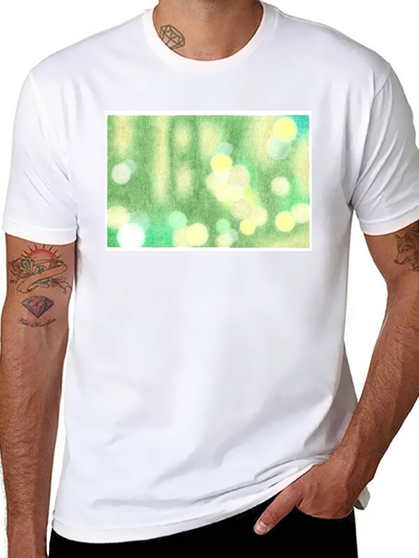 Green Bokeh Art Black T-Shirt
