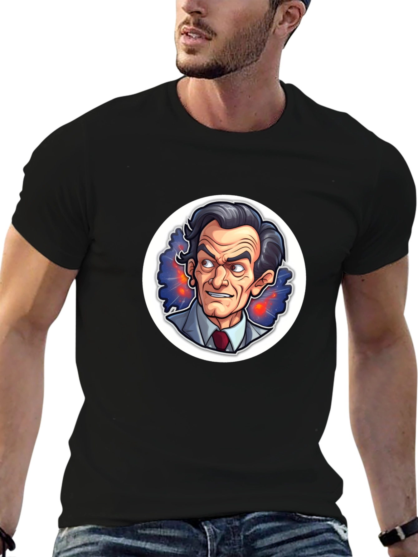 Black T-Shirt with Cartoon Mad Scientist Design