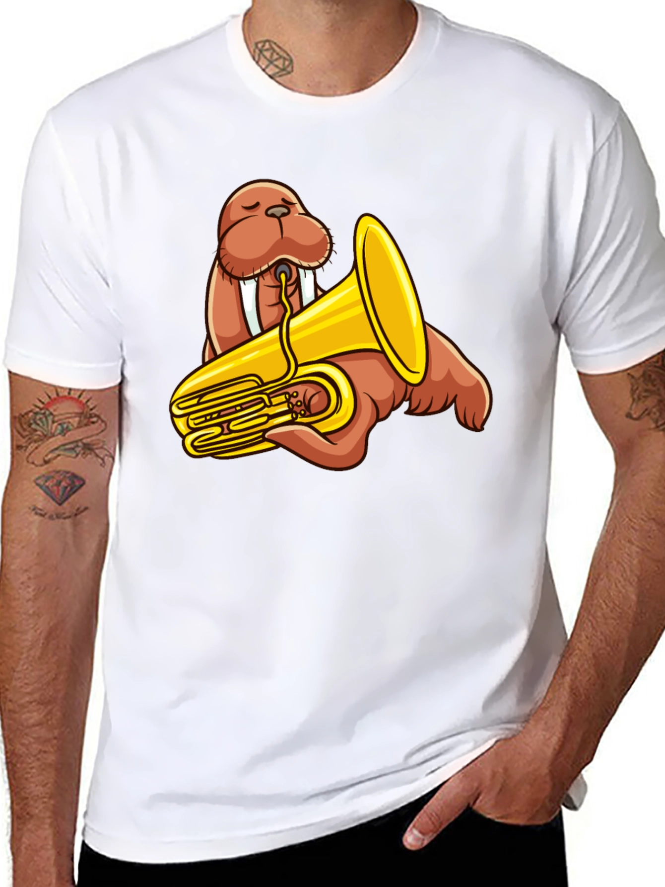 Walrus Tuba Player Graphic Tee - Black Cotton Shirt