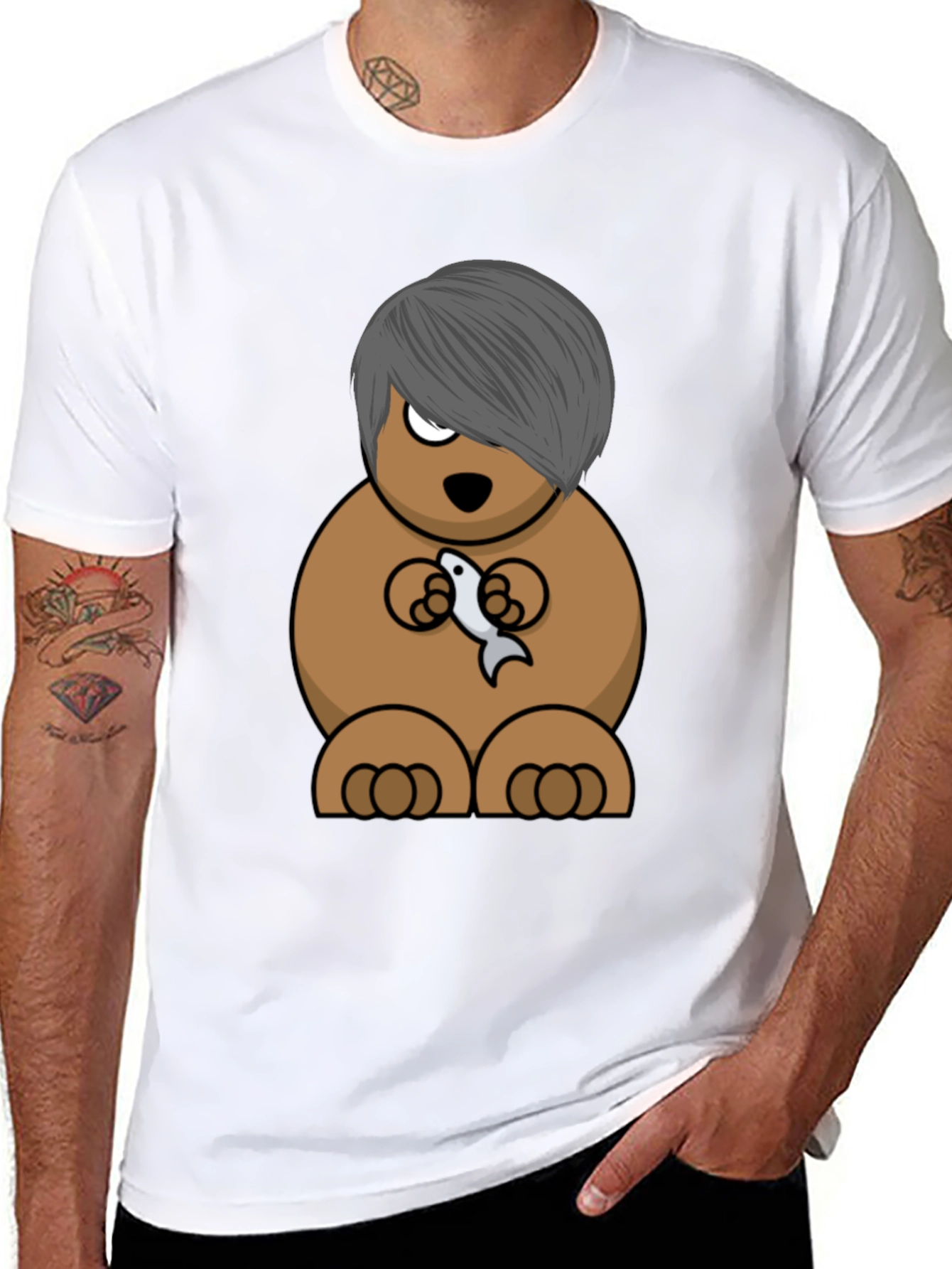 Emo Bear Holding Fish Graphic Tee