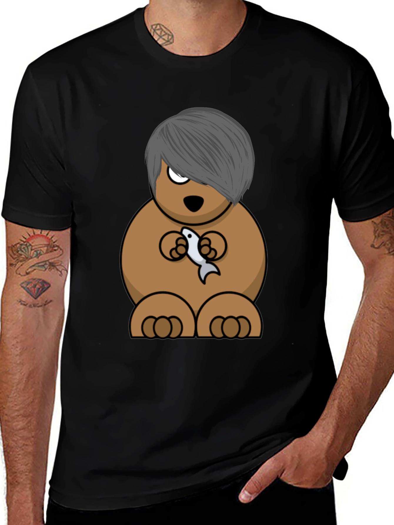Emo Bear Holding Fish Graphic Tee