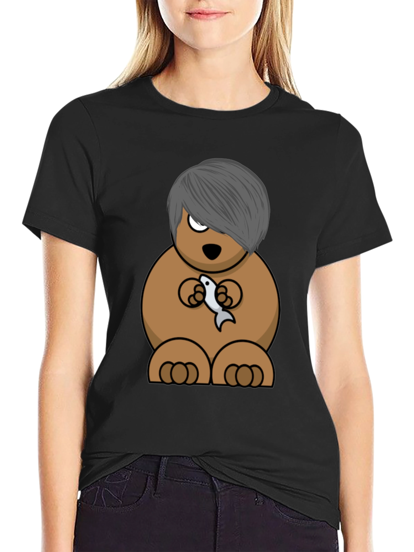 Emo Bear Holding Fish Graphic Tee