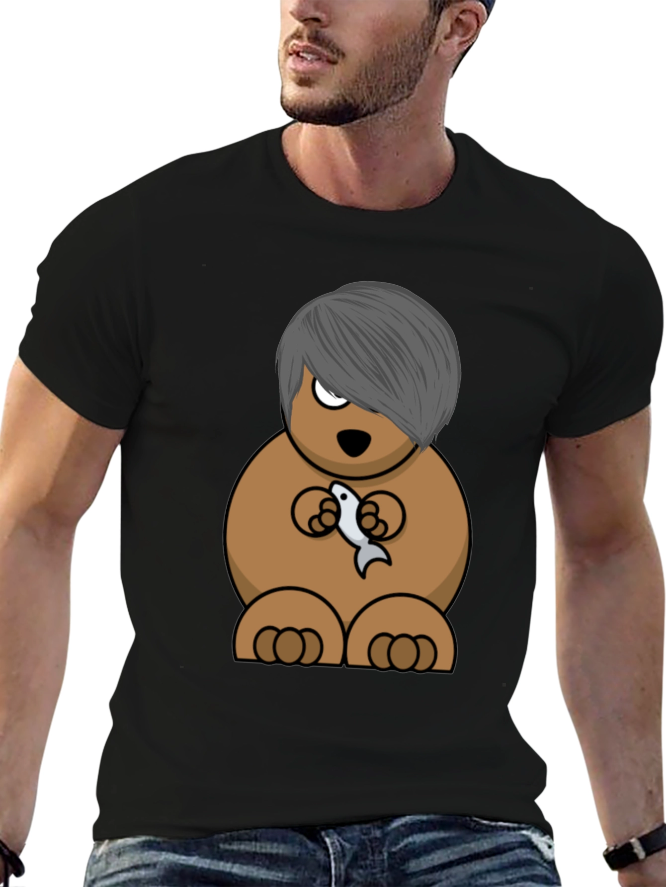 Emo Bear Holding Fish Graphic Tee