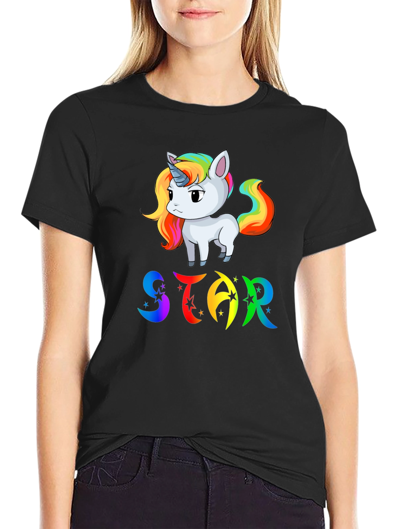 Unicorn STAR Rainbow Graphic Black T-Shirt