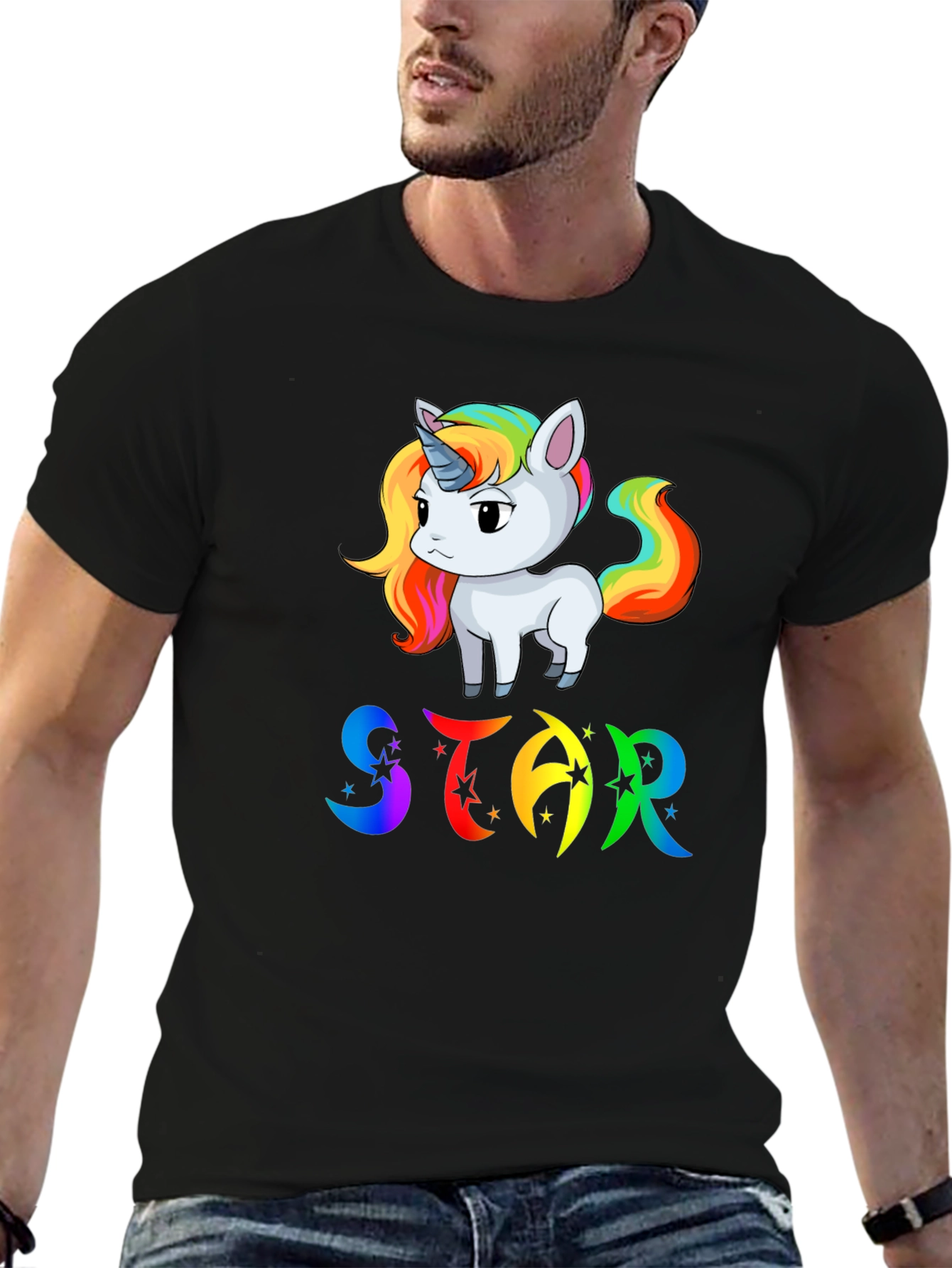 Unicorn STAR Rainbow Graphic Black T-Shirt