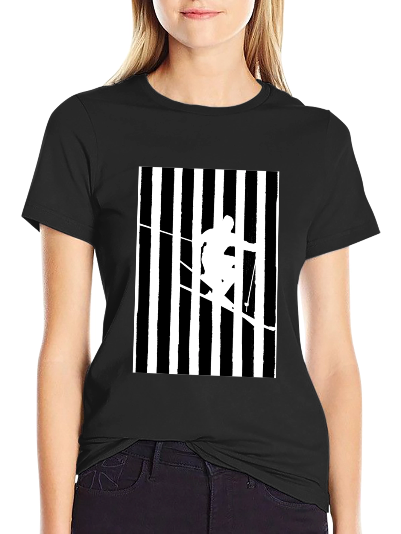 Stripped Skier Graphic Tee - Black Cotton Blend