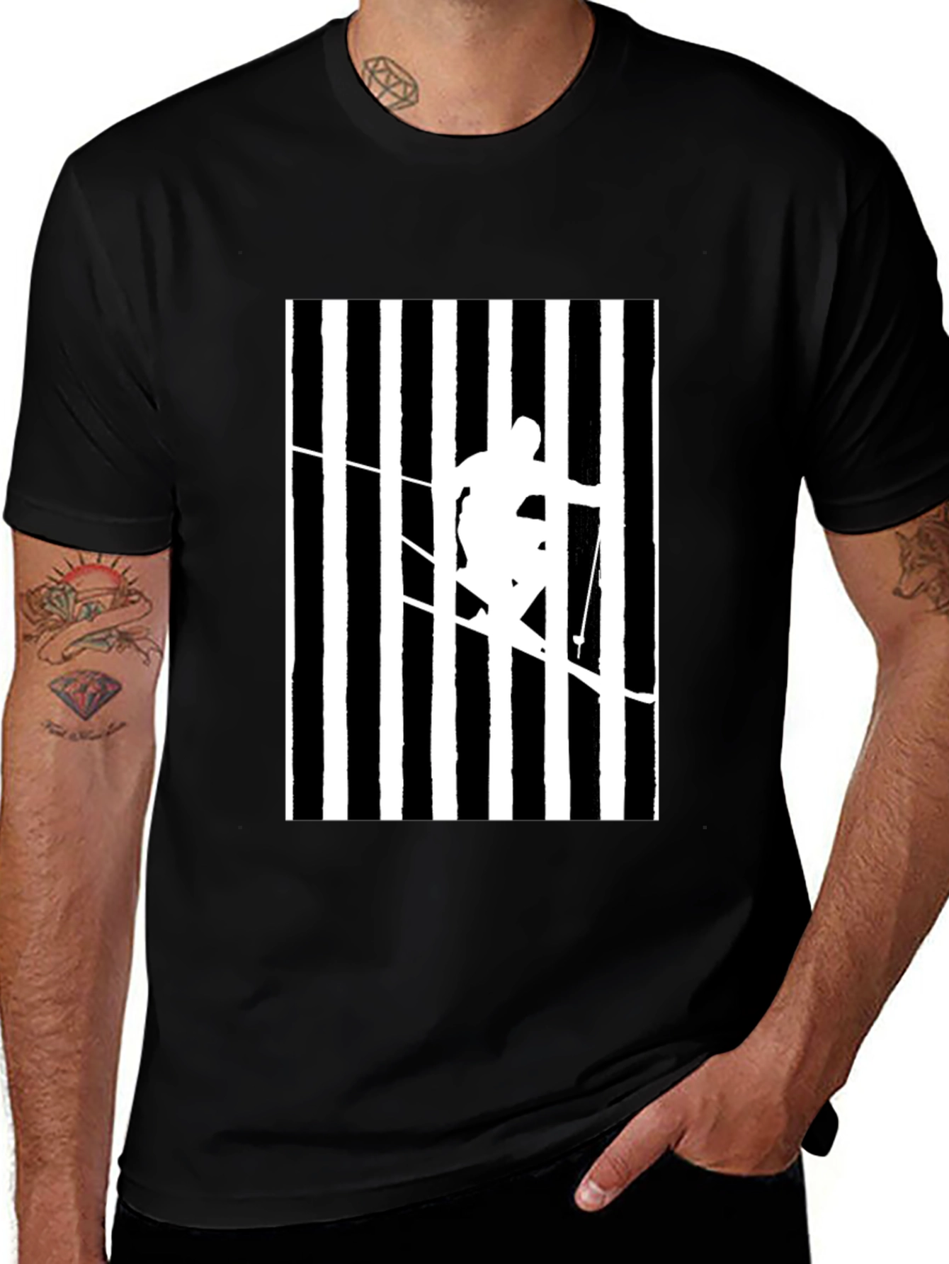 Stripped Skier Graphic Tee - Black Cotton Blend