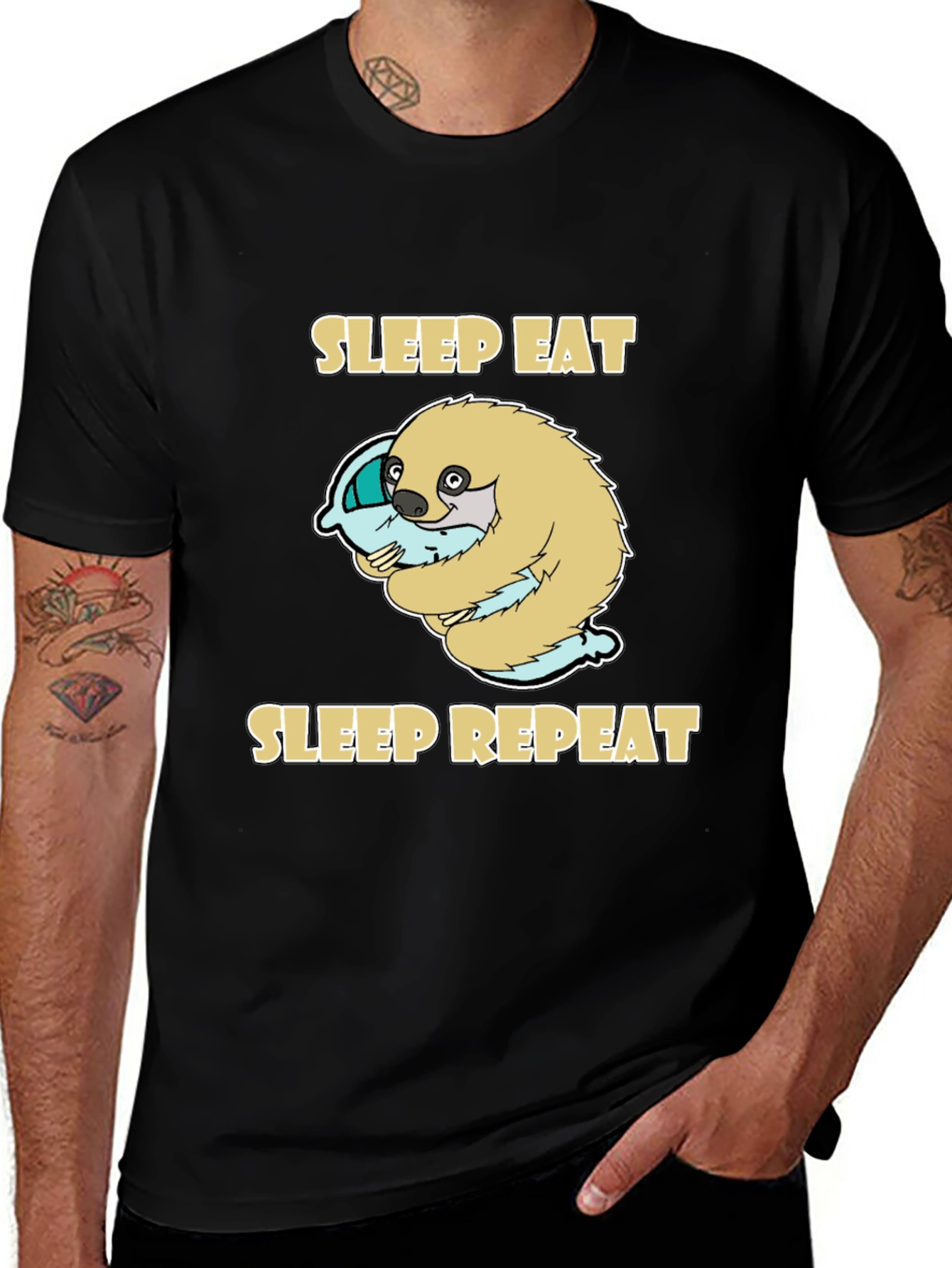 Sleep Eat Repeat Sloth Graphic Tee - Black