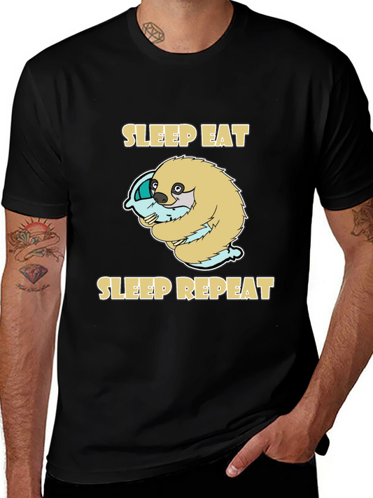 Sleep Eat Repeat Sloth Graphic Tee - Black
