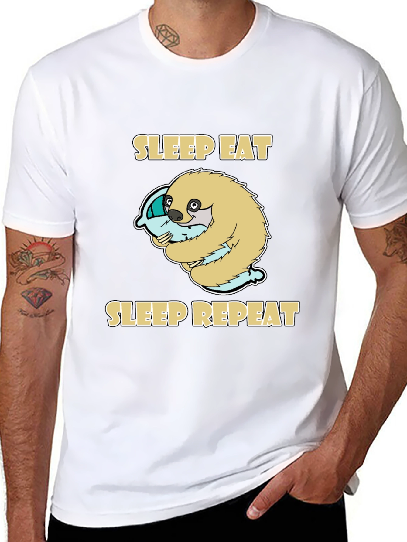 Sleep Eat Repeat Sloth Graphic Tee - Black