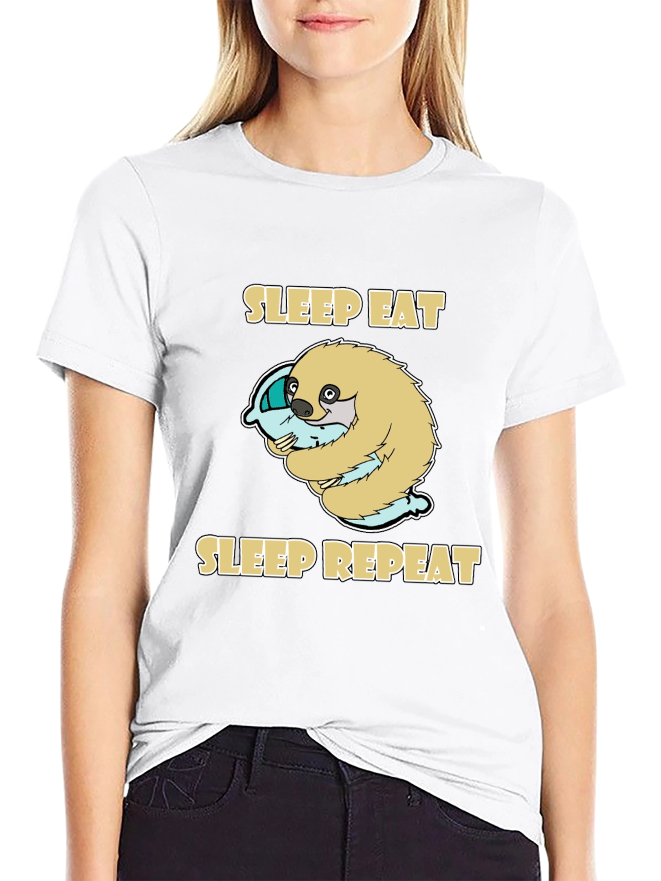 Sleep Eat Repeat Sloth Graphic Tee - Black