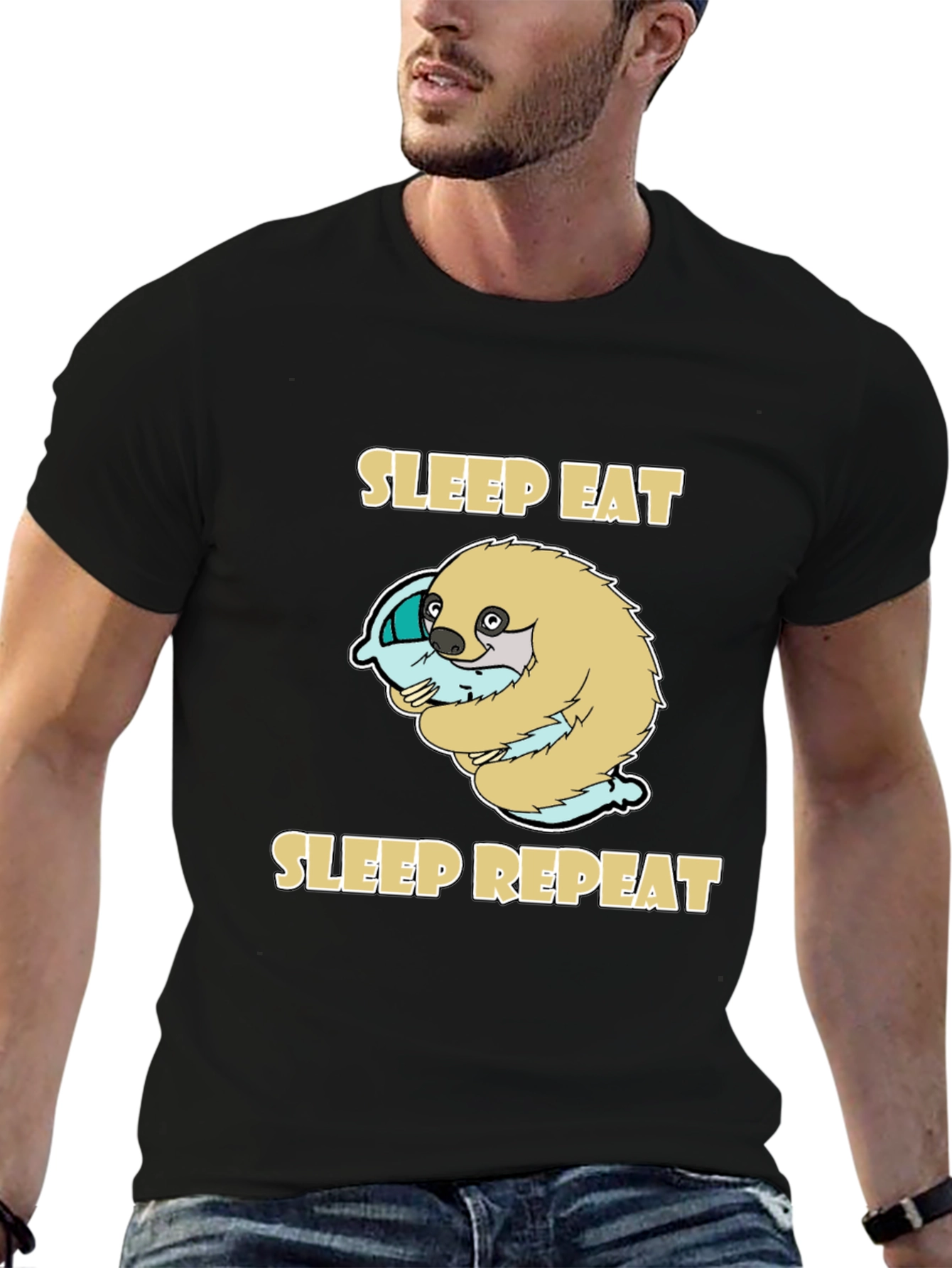 Sleep Eat Repeat Sloth Graphic Tee - Black