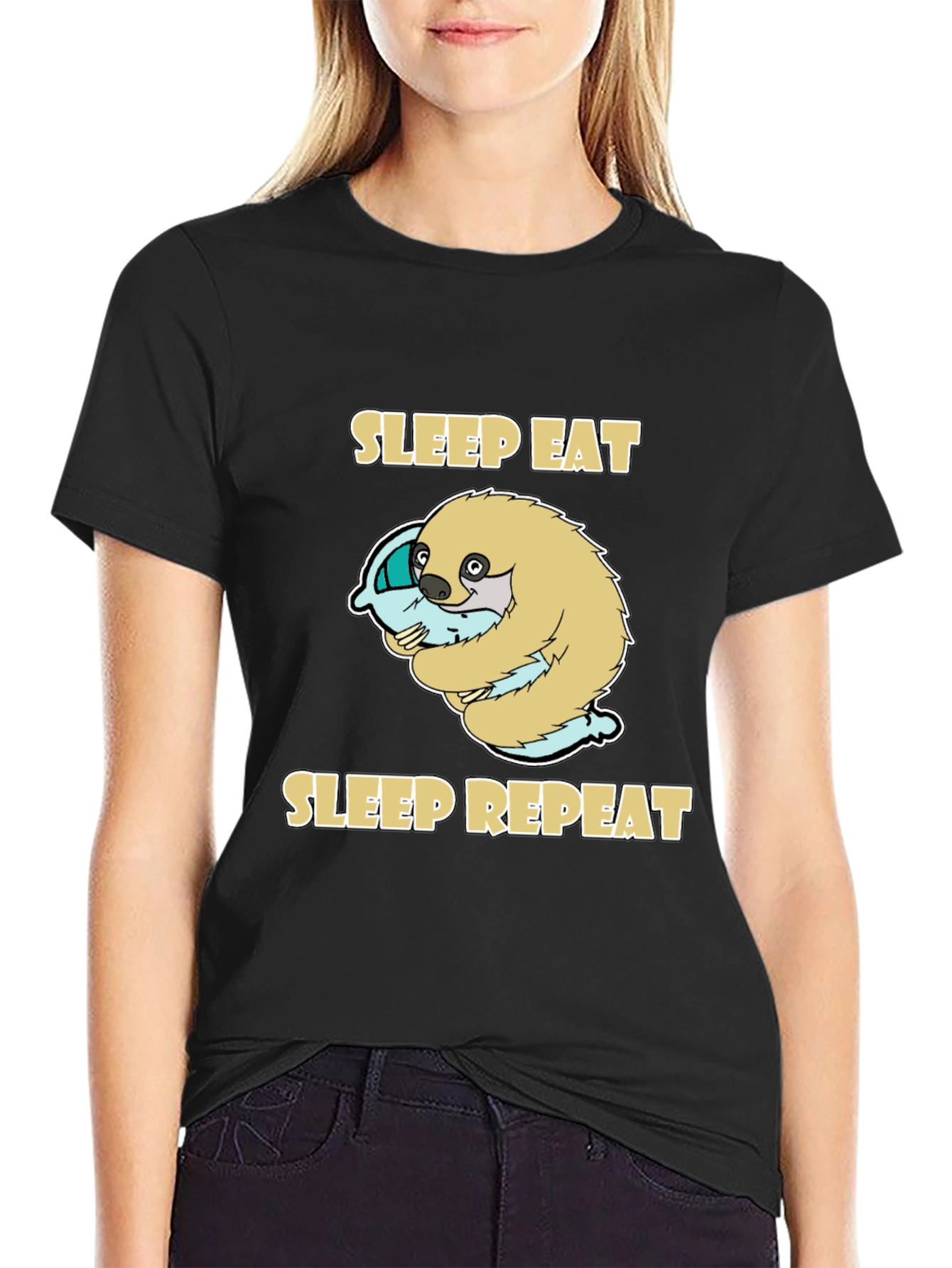 Sleep Eat Repeat Sloth Graphic Tee - Black
