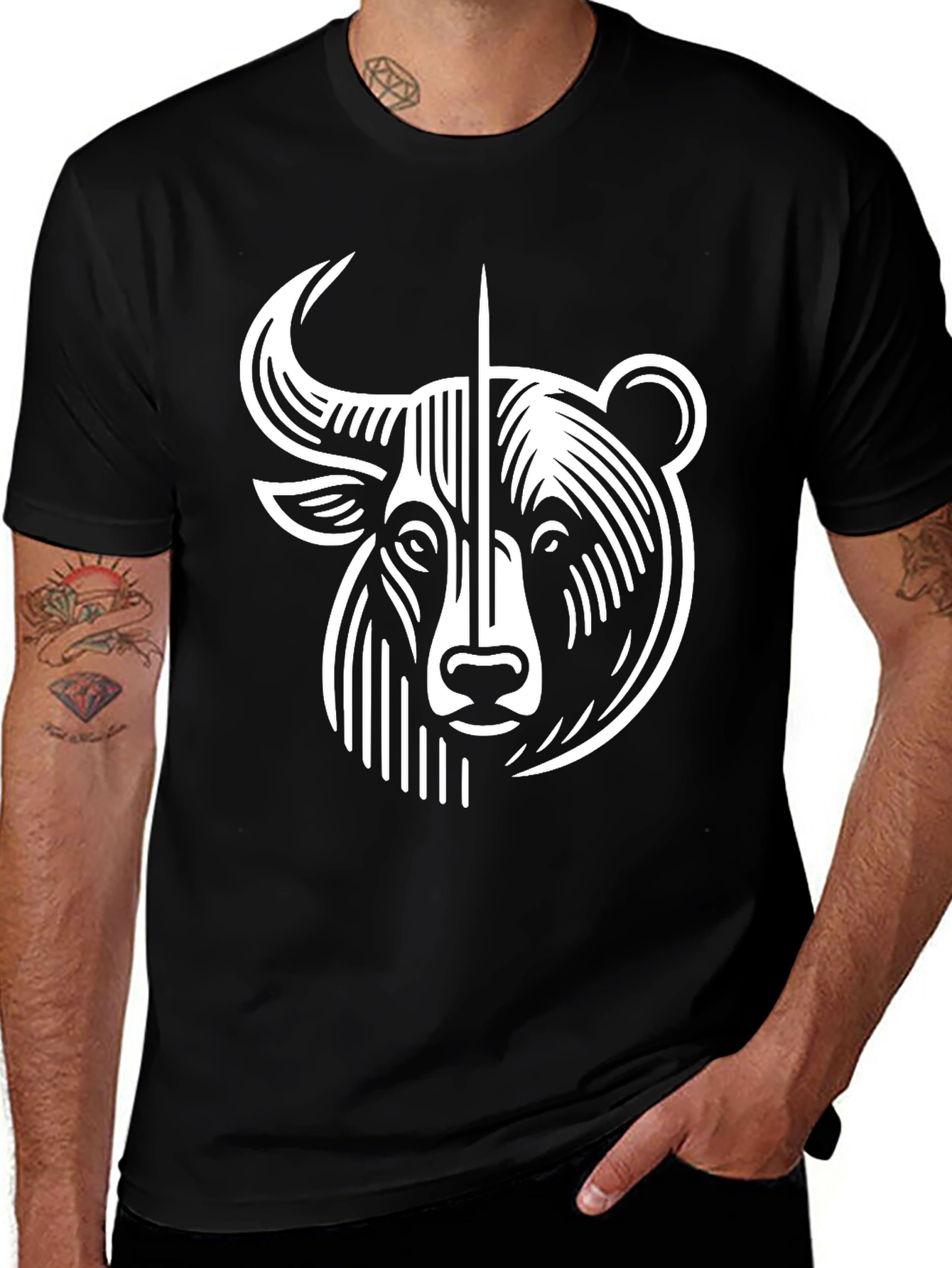 Bull and Bear Graphic Tee - Black Cotton Blend