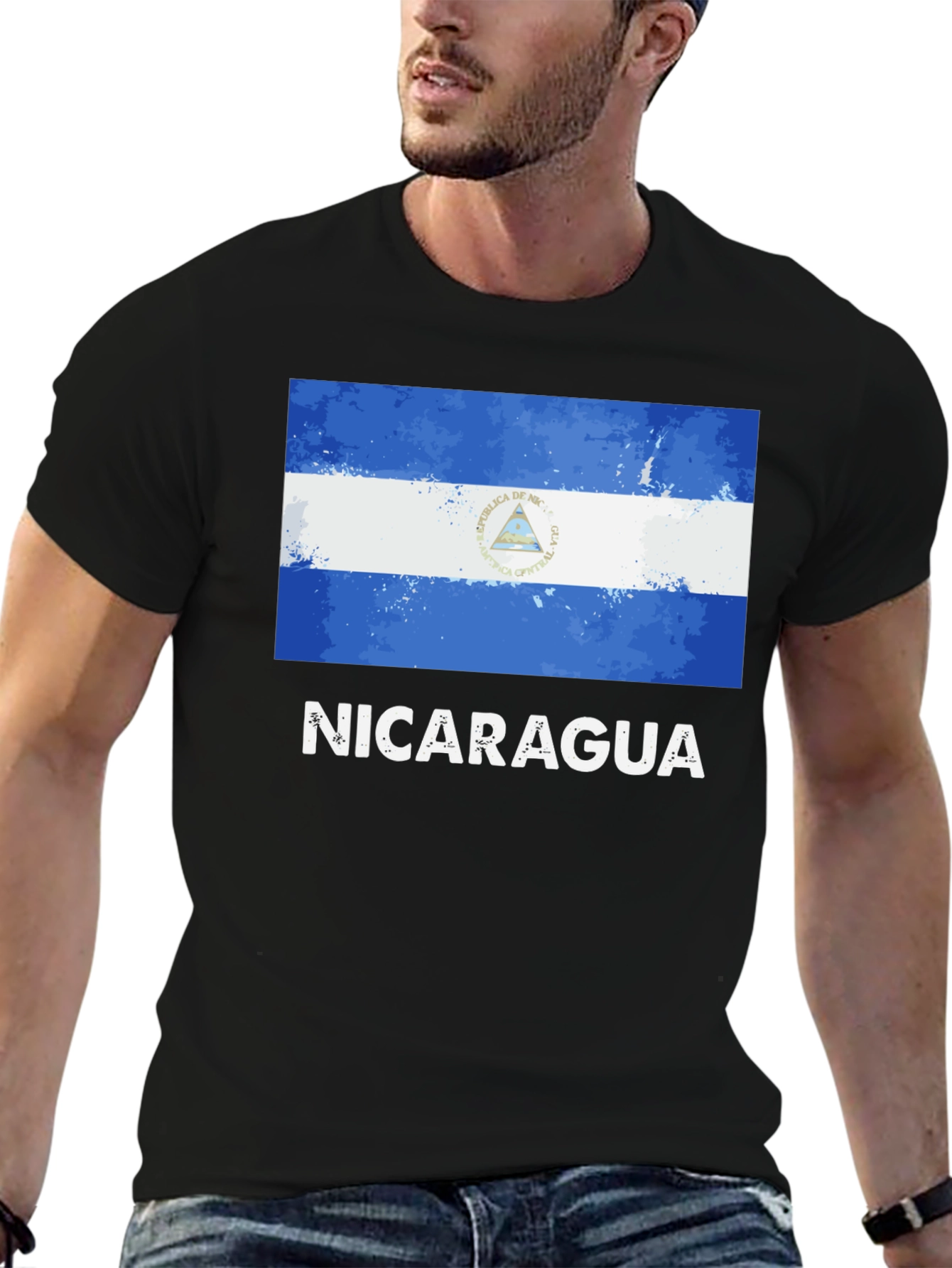 Nicaragua Flag T-Shirt - Black Cotton Tee