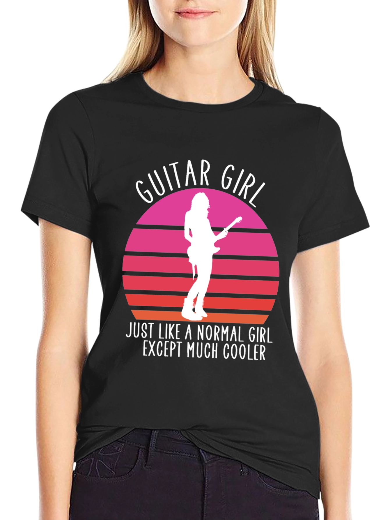 Guitar Girl Cool Retro Sunset T-Shirt
