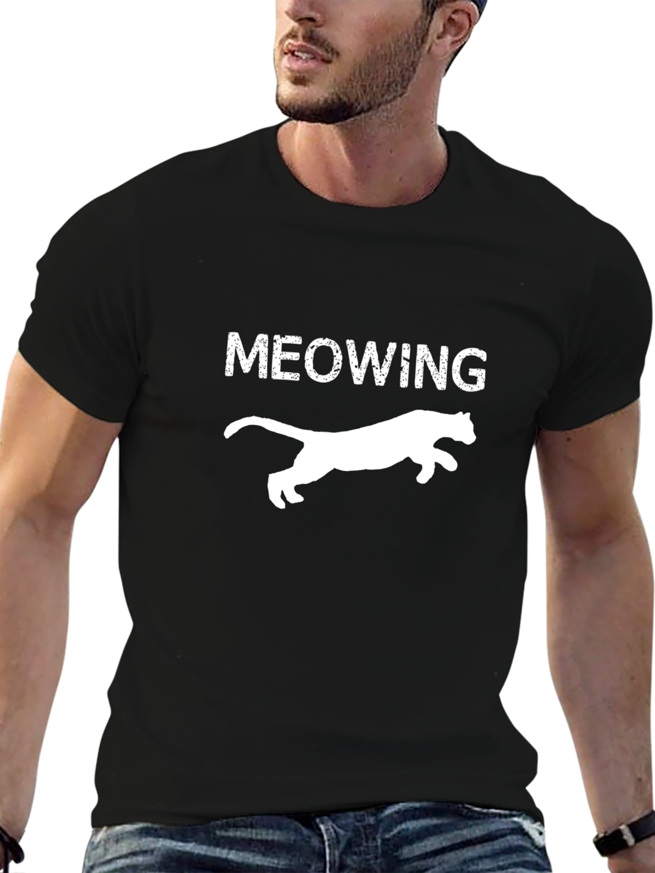 Meowing Cat Silhouette T-Shirt - Black
