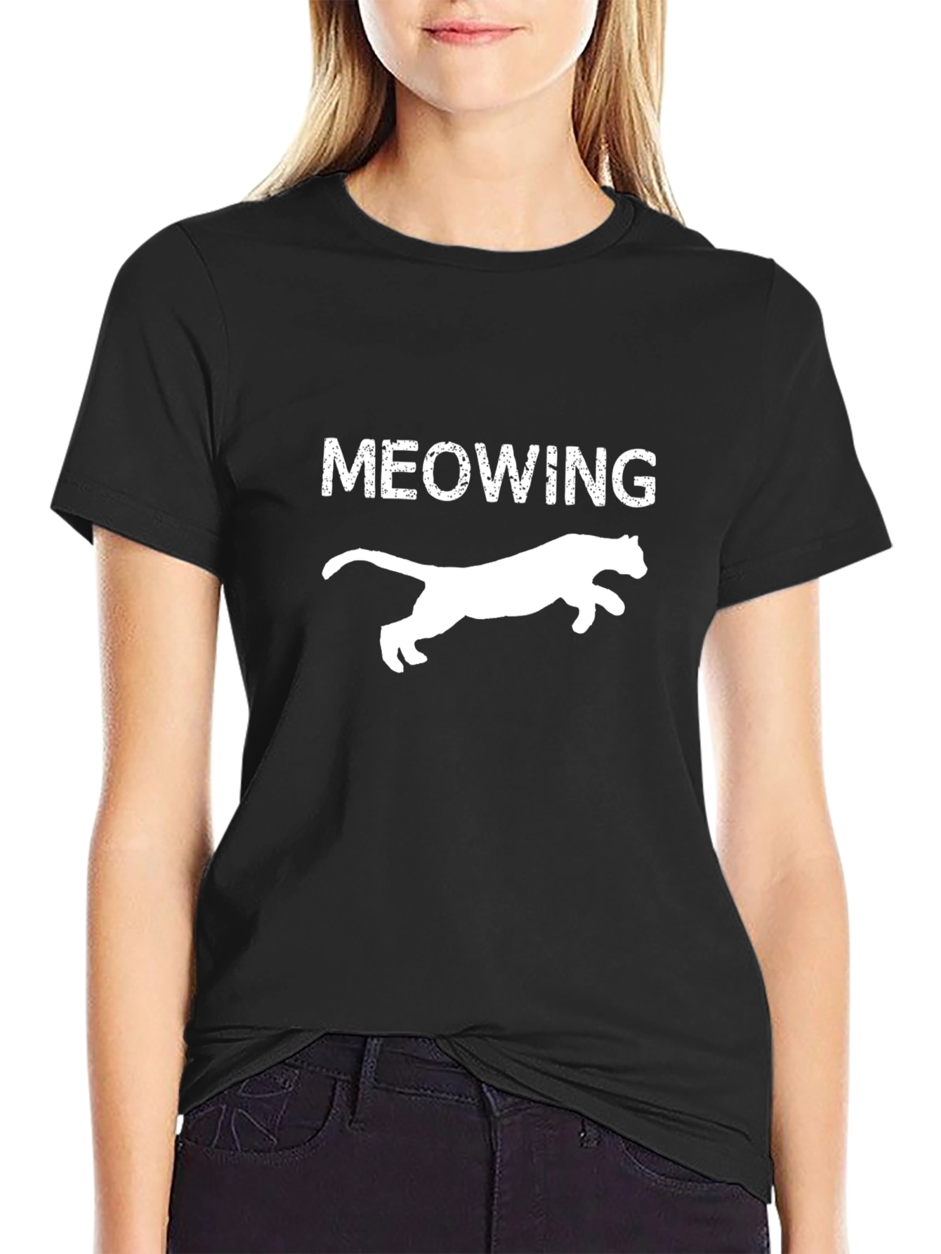 Meowing Cat Silhouette T-Shirt - Black