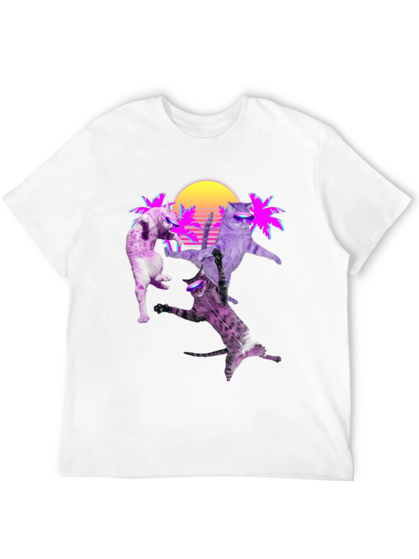 Retro Cats T-Shirt - Neon Palm & Sunset Design