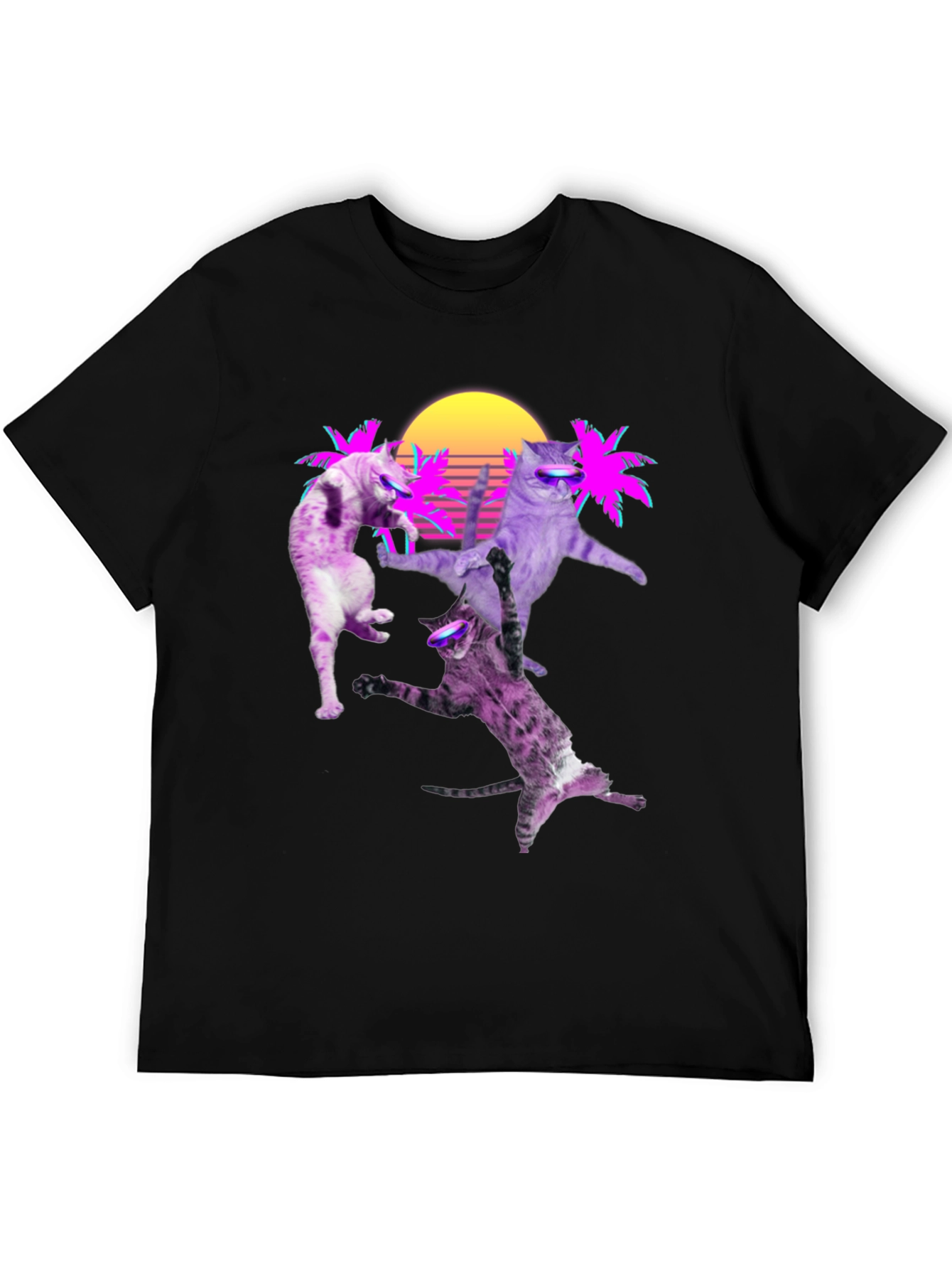 Retro Cats T-Shirt - Neon Palm & Sunset Design