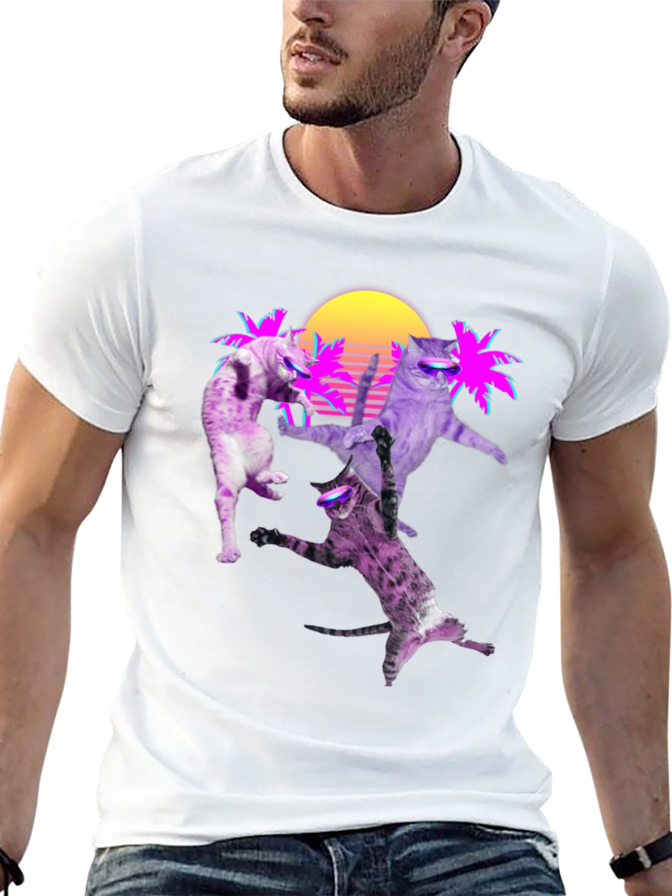 Retro Cats T-Shirt - Neon Palm & Sunset Design